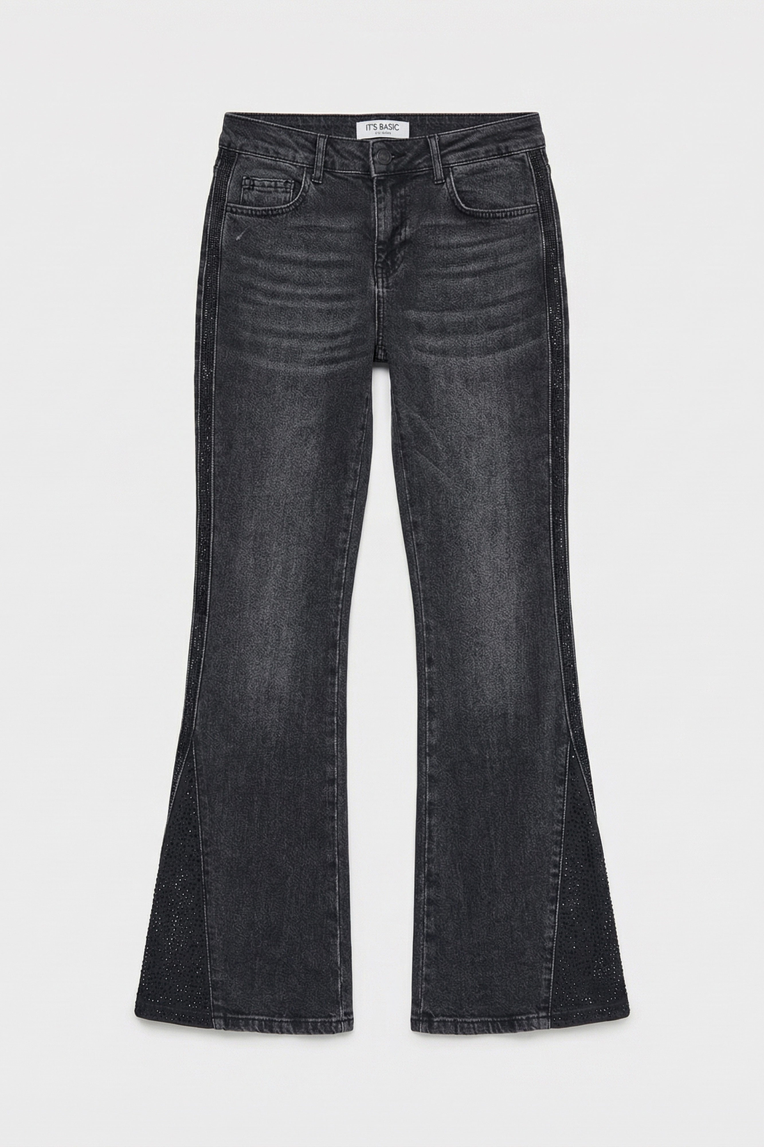Kadın Koyu Füme T-2s6-1 Flare Fit Paçası Parlak Taşlı Özel Tasarım Denim Jean