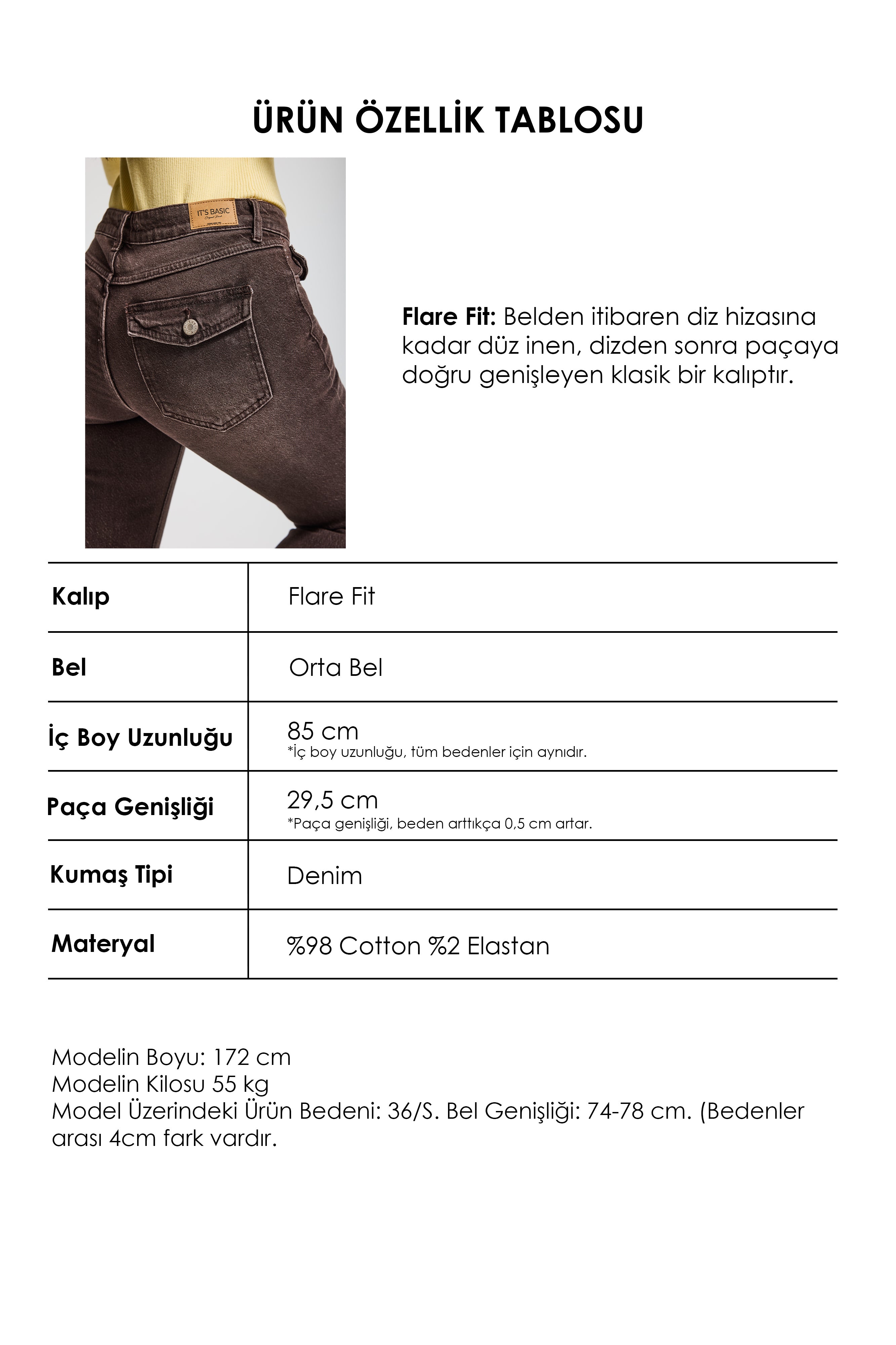 Kadın Koyu Kahve 2s6-16 Mid Rise Flare Fit Esnek Kumaş Denim Jean