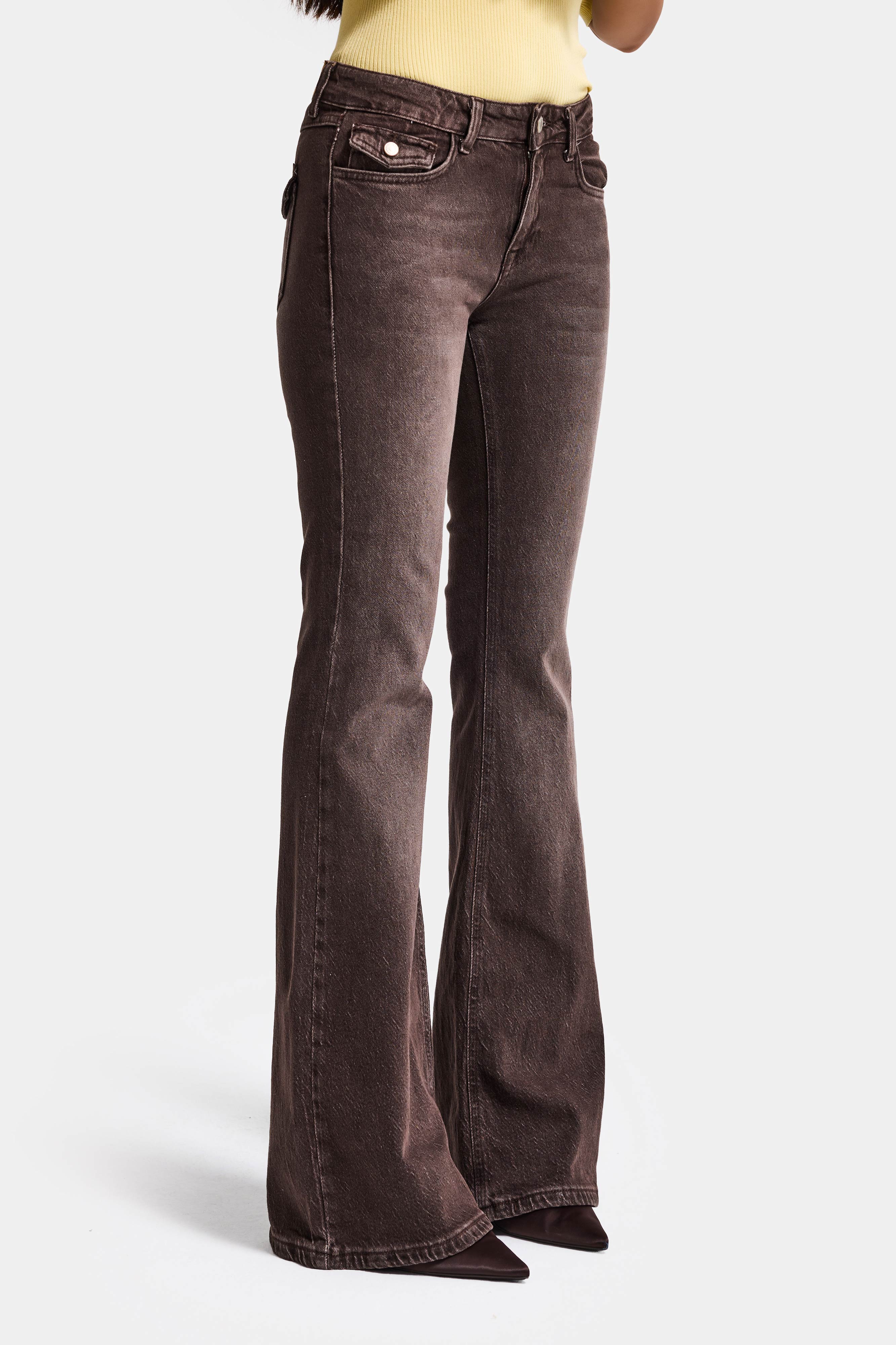 Kadın Koyu Kahve 2s6-16 Mid Rise Flare Fit Esnek Kumaş Denim Jean