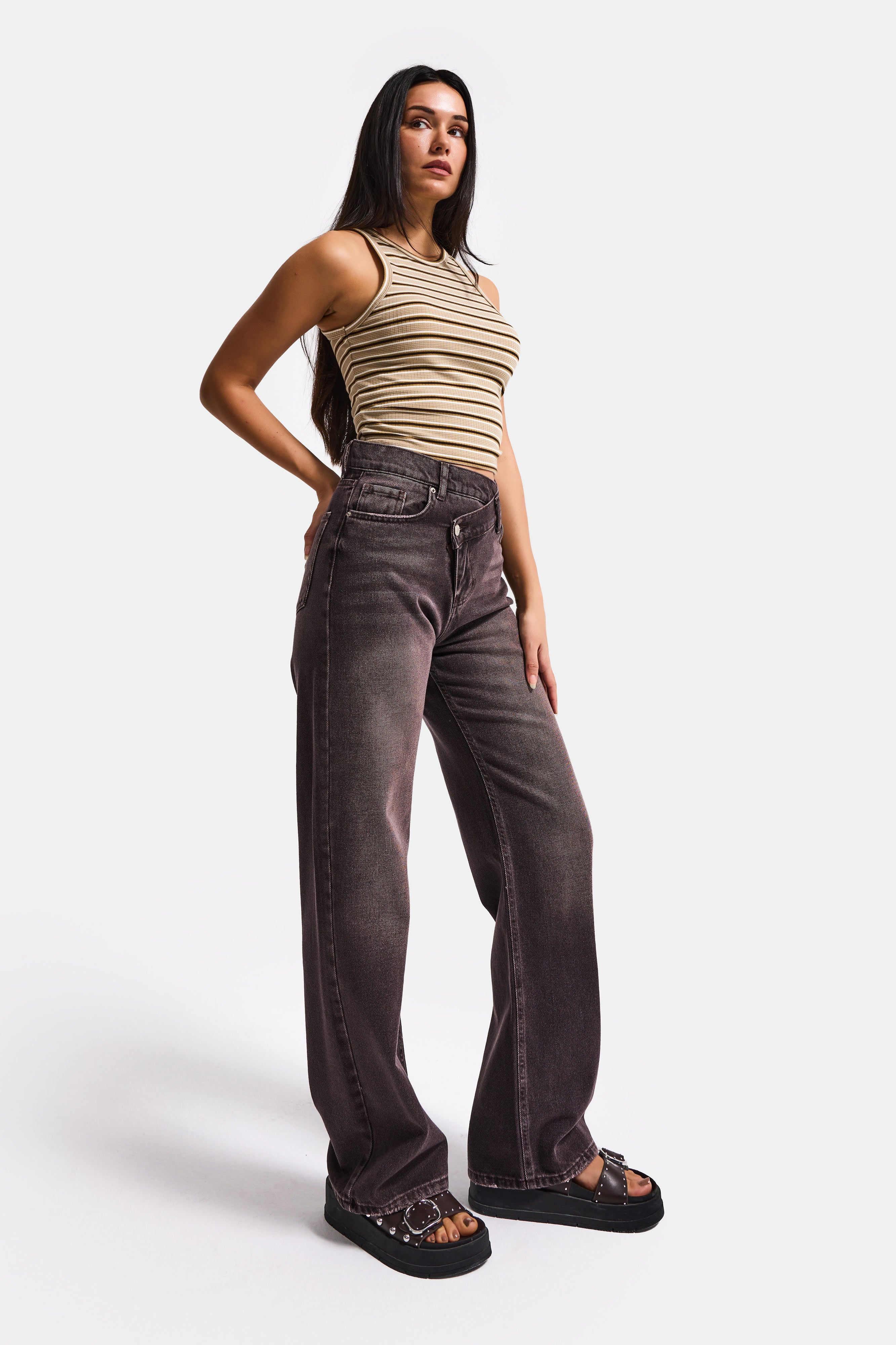 Kadın Koyu Kahve 2s6-16 Straight Fit Kemer Detaylı Özel Tasarım Denim Jean