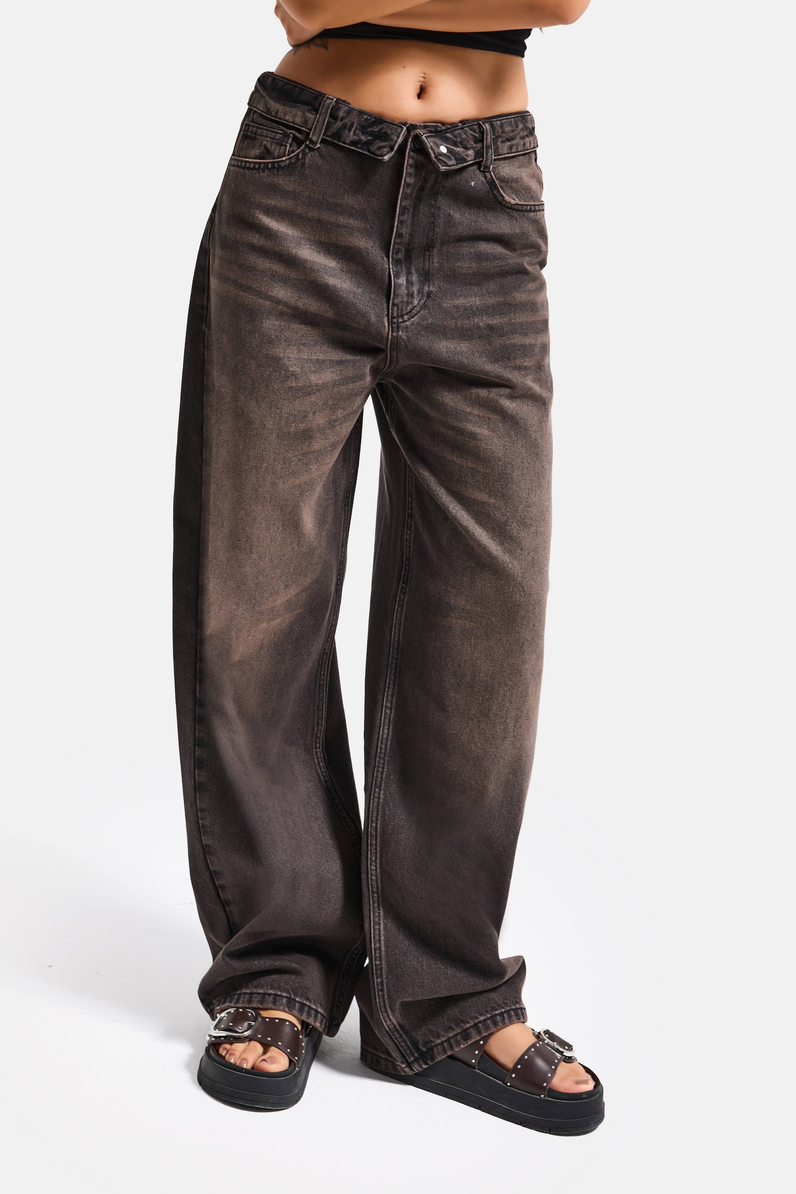 Kadın Koyu Kahve 2s6-62 Straight Fit Kemer Detaylı Özel Tasarım Denim Jean