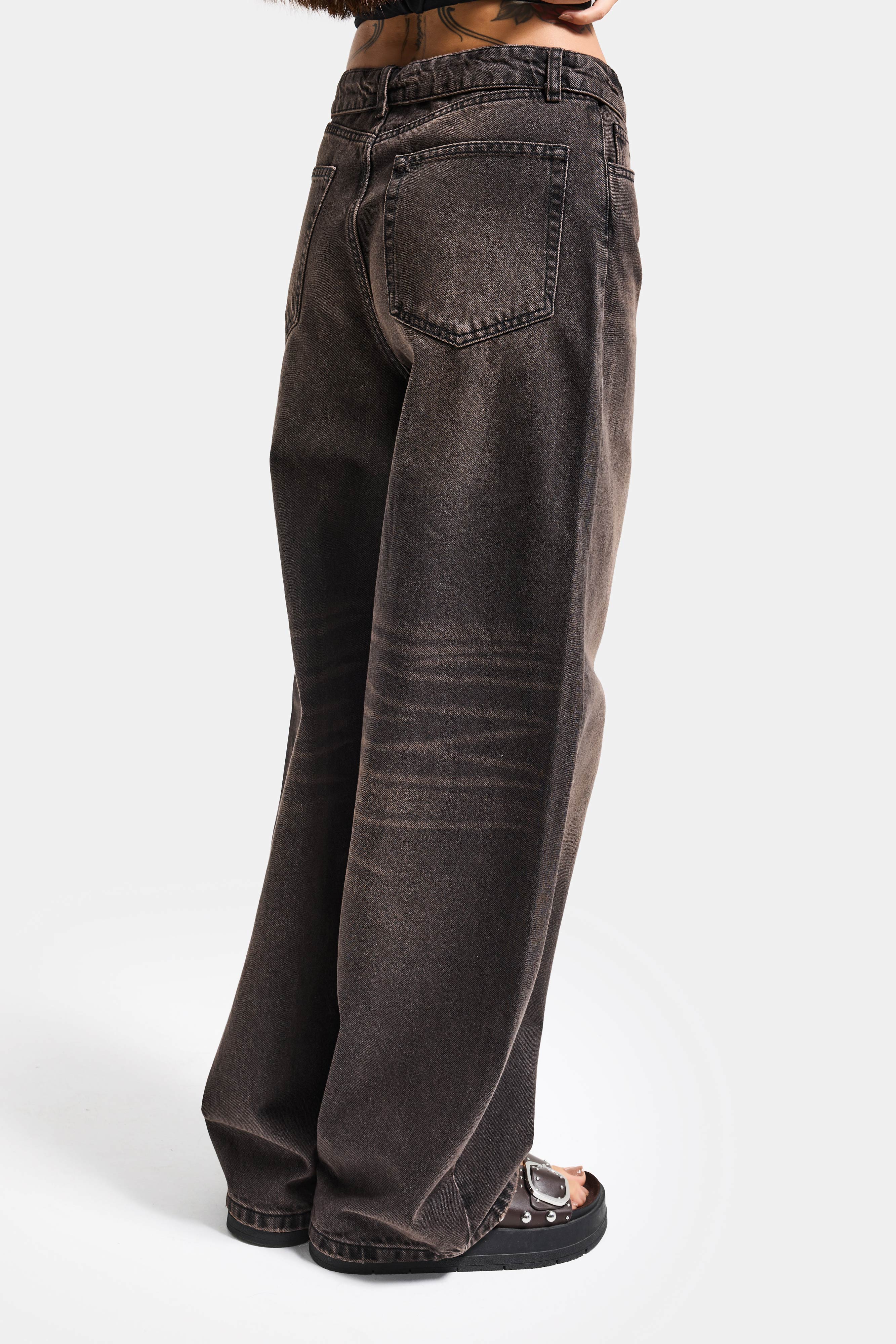 Kadın Koyu Kahve 2s6-62 Straight Fit Kemer Detaylı Özel Tasarım Denim Jean