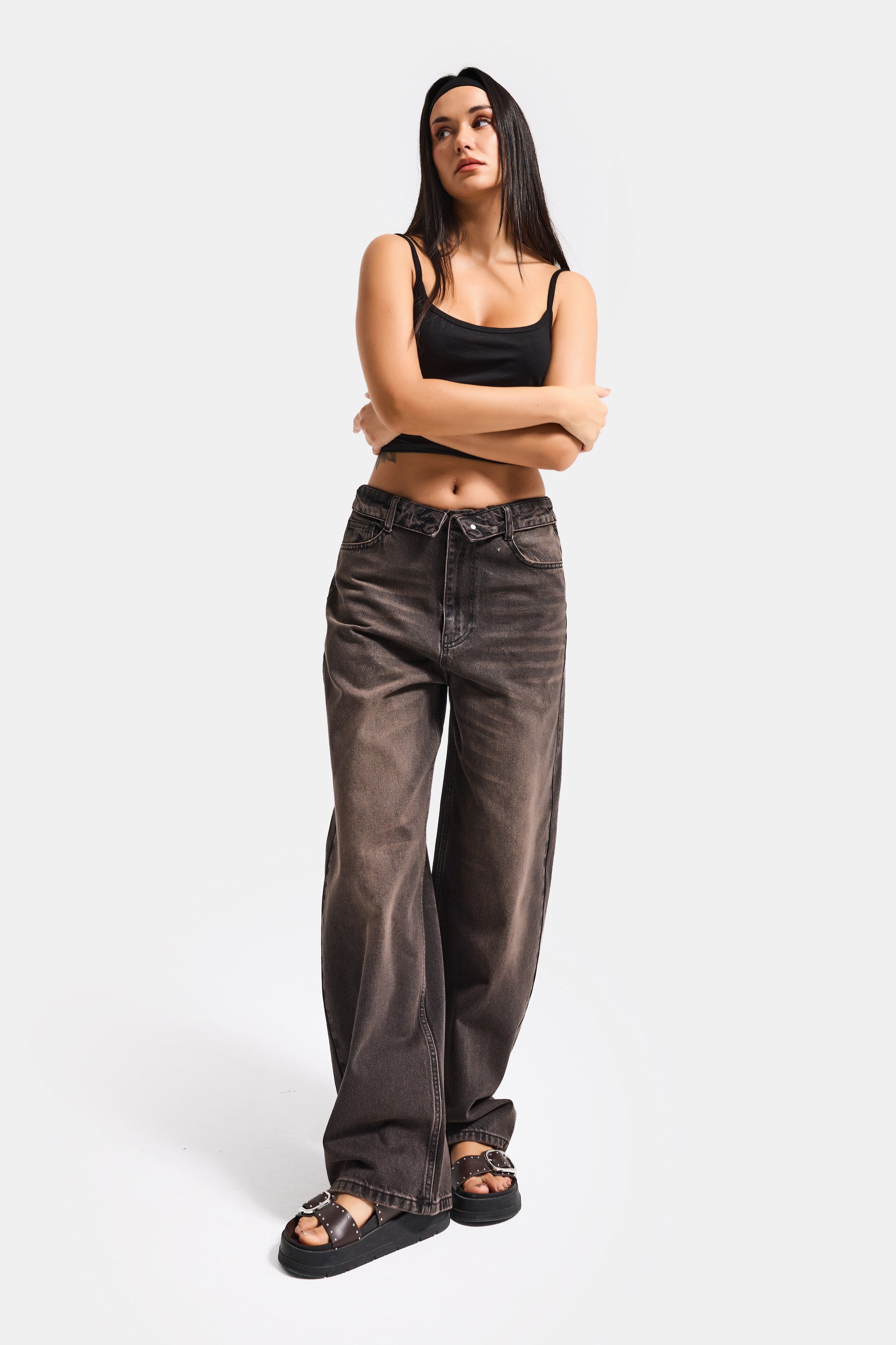 Kadın Koyu Kahve 2s6-62 Straight Fit Kemer Detaylı Özel Tasarım Denim Jean