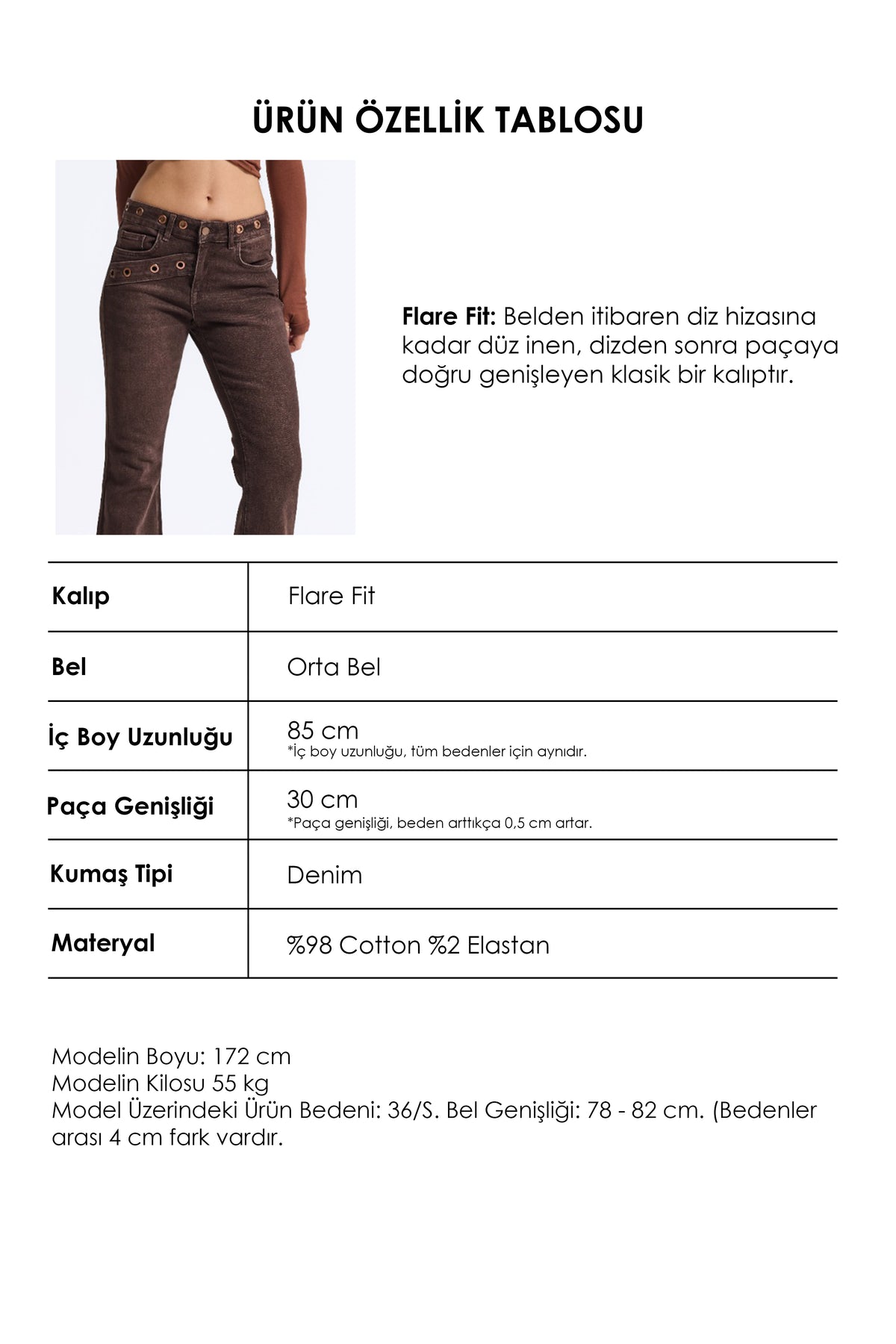 Kadın Koyu Kahve 2w6-16 Flare Fit Özel Tasarım Denim Jean