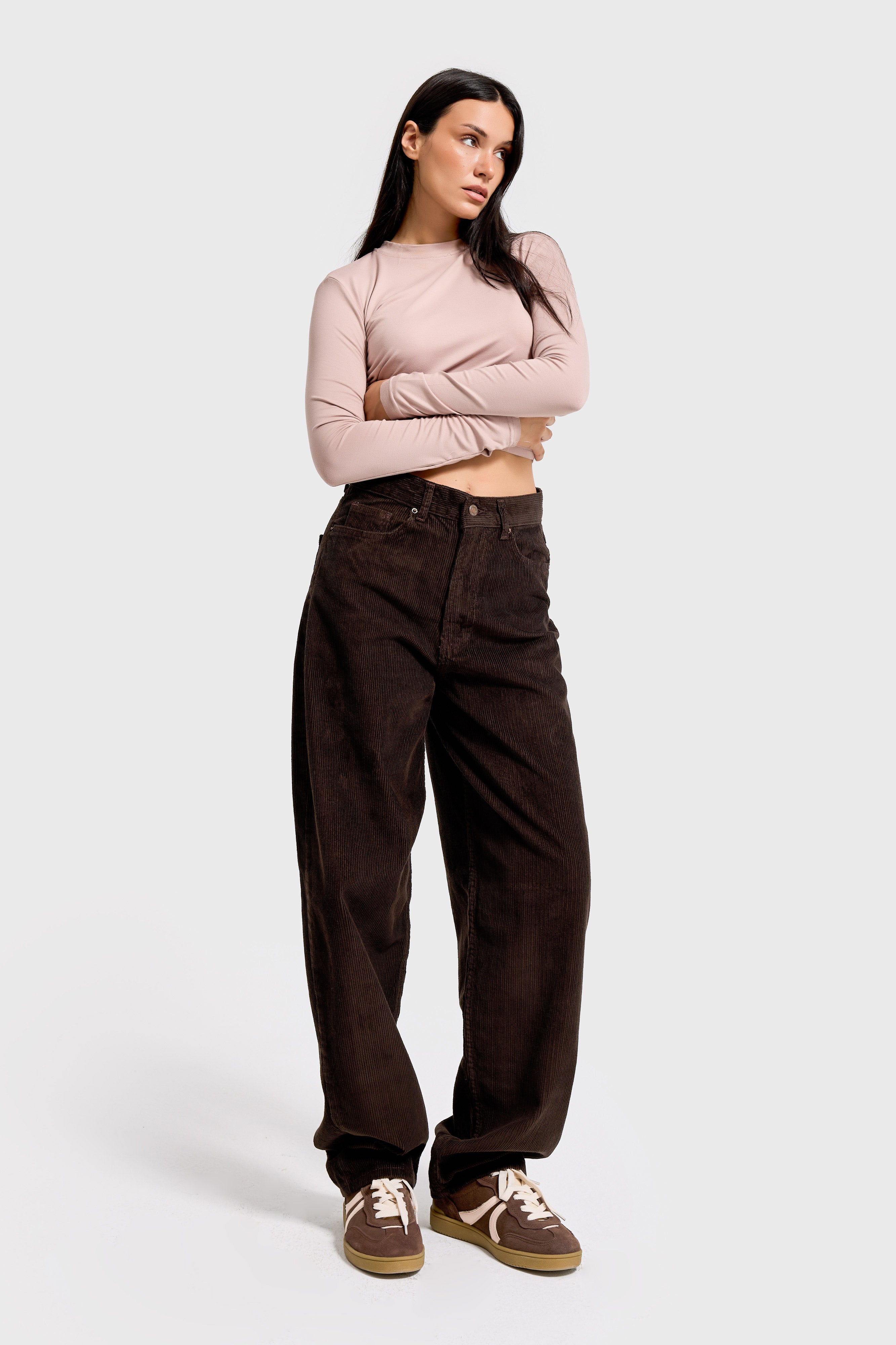 Kadın Koyu Kahve 8-26w5-136 Skater Fit Fitilli Velvet Kadife Kumaş Pantolon