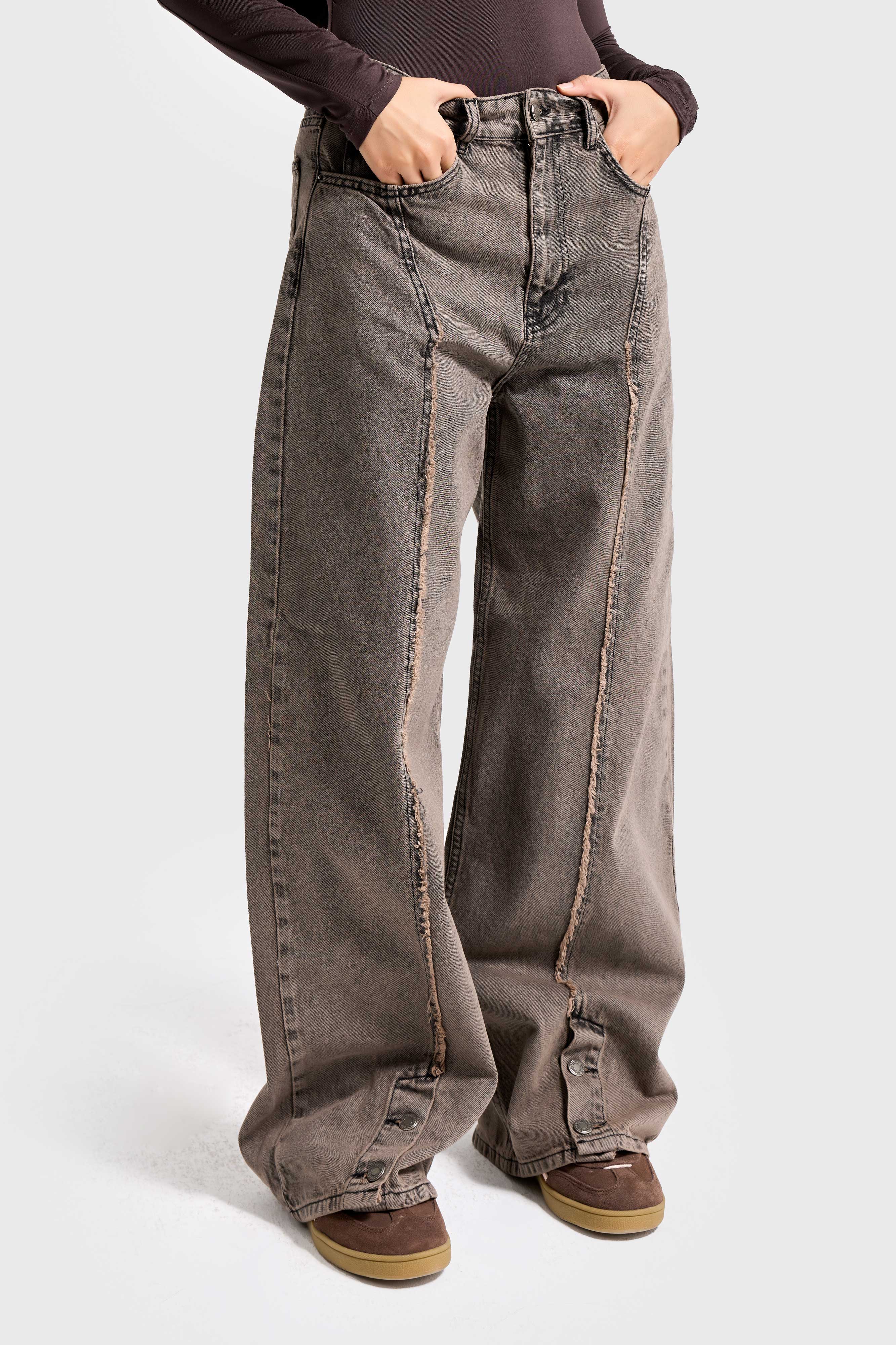 Kadın Koyu Kahve Kot 3w5-70 Süper Baggy Fit Paça Detaylı Özel Tasarım Denim Jean