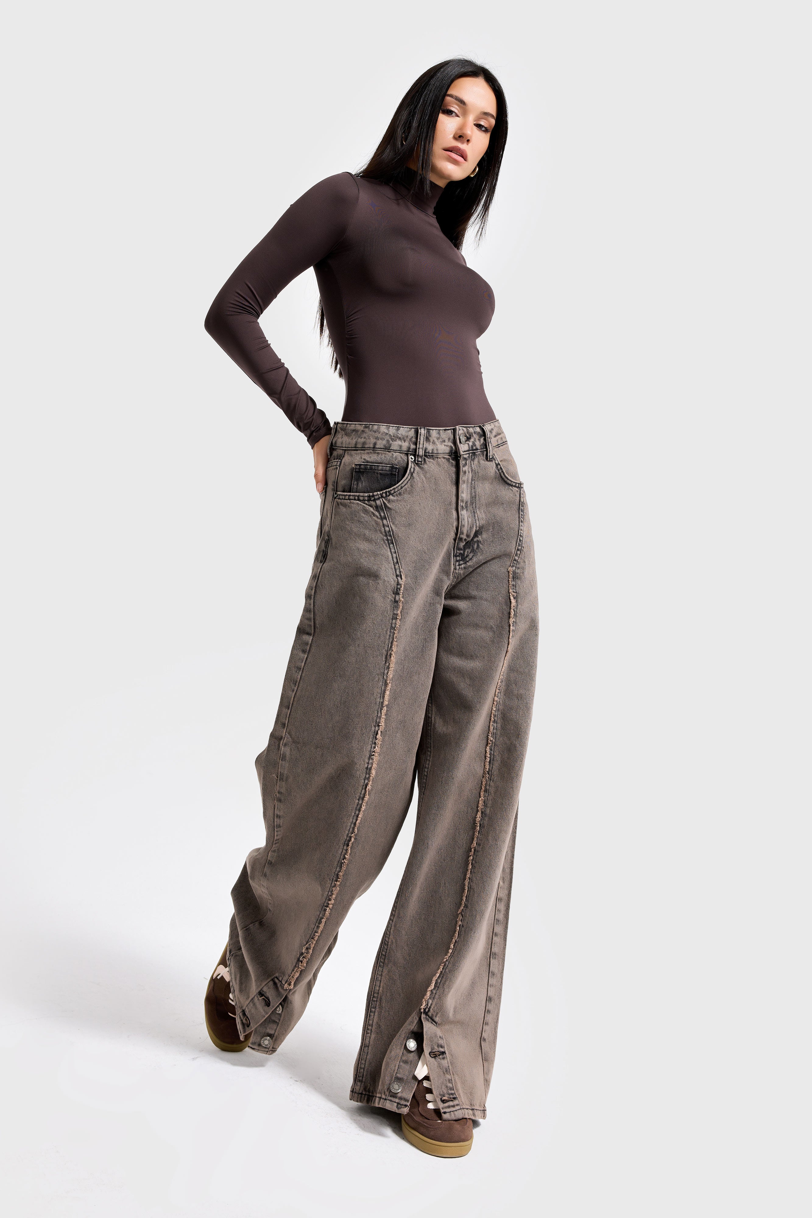 Kadın Koyu Kahve Kot 3w5-70 Süper Baggy Fit Paça Detaylı Özel Tasarım Denim Jean