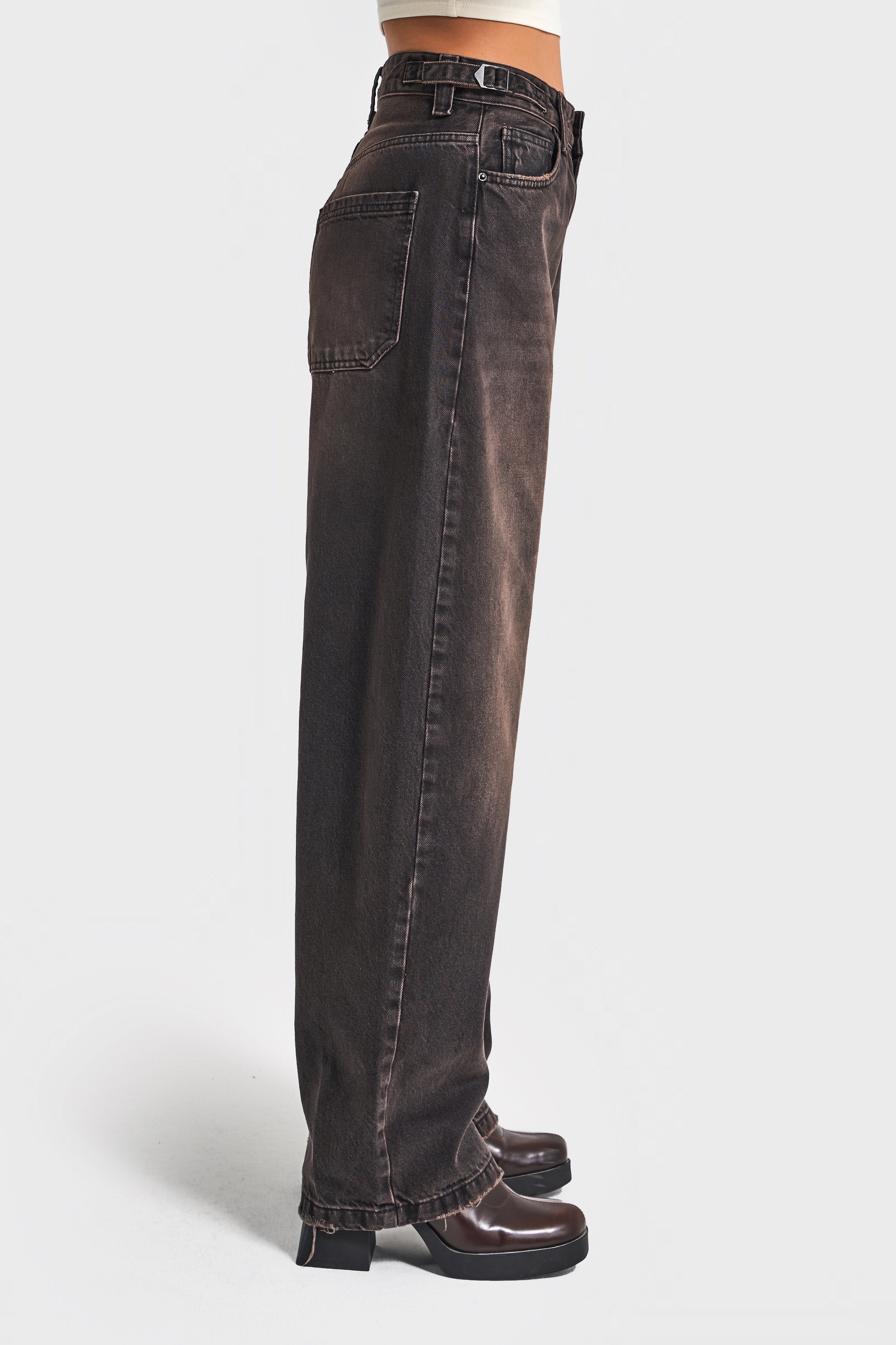 Kadın Koyu Kahve Kot Rengi Lotus 2w5-62 Süper Baggy Fit %100 Koton Denim Jean