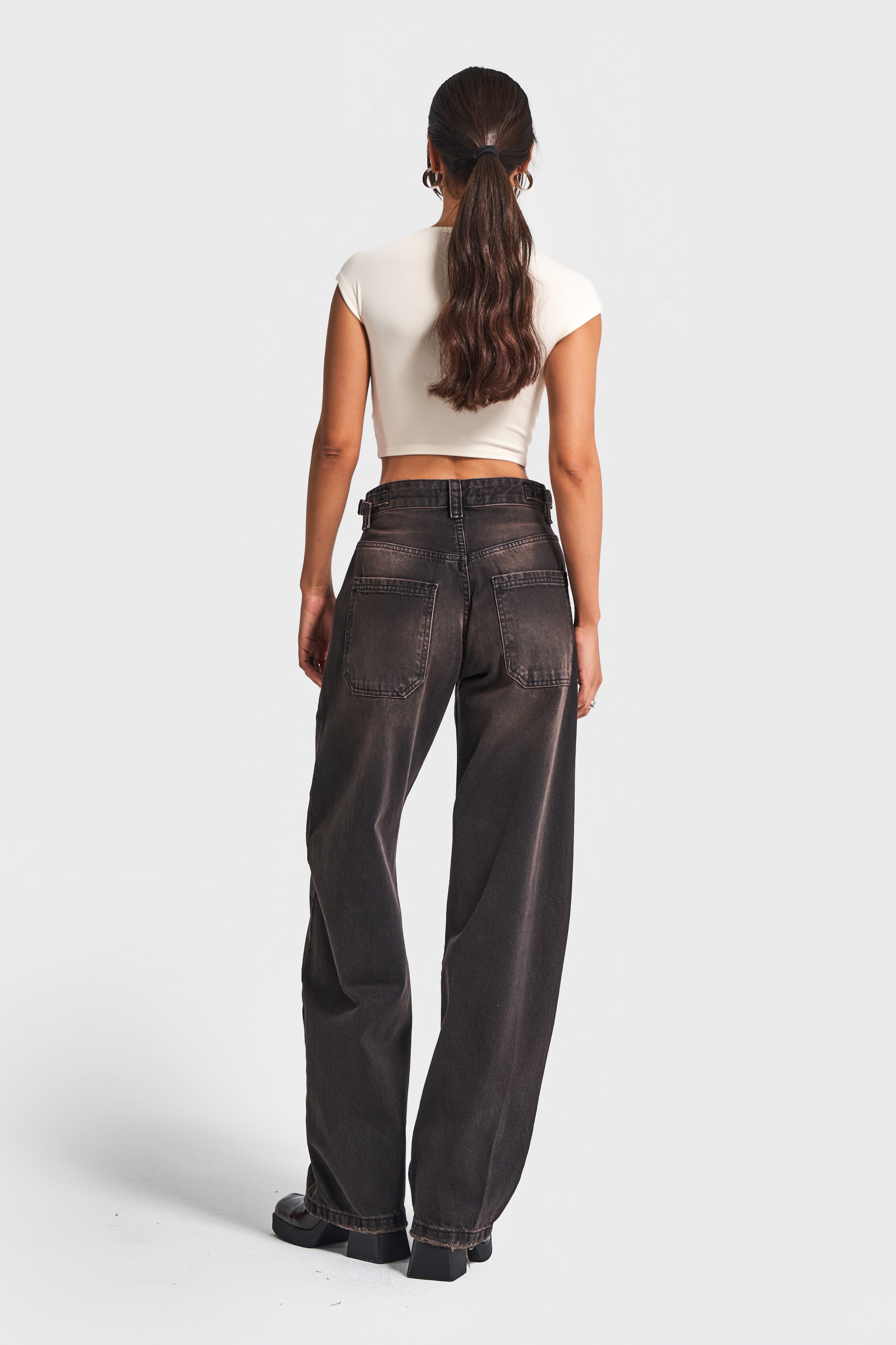 Kadın Koyu Kahve Kot Rengi Lotus 2w5-62 Süper Baggy Fit %100 Koton Denim Jean