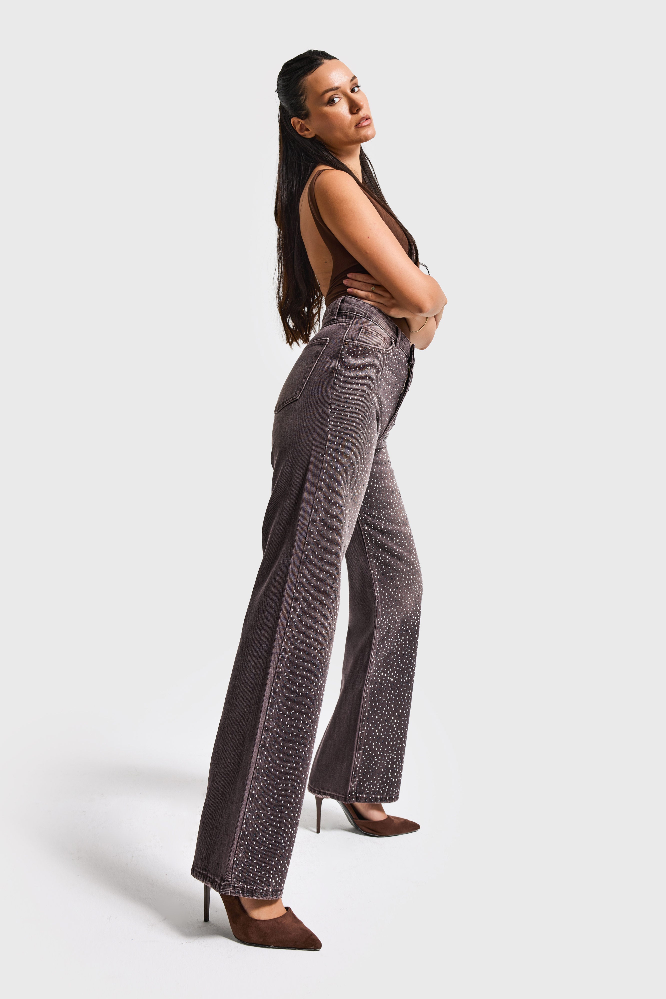 Kadın Koyu Kahve T-2s6-16 Straight Fit Parlak Taşlı Yüksek Bel Özel Tasarım Denim Jean