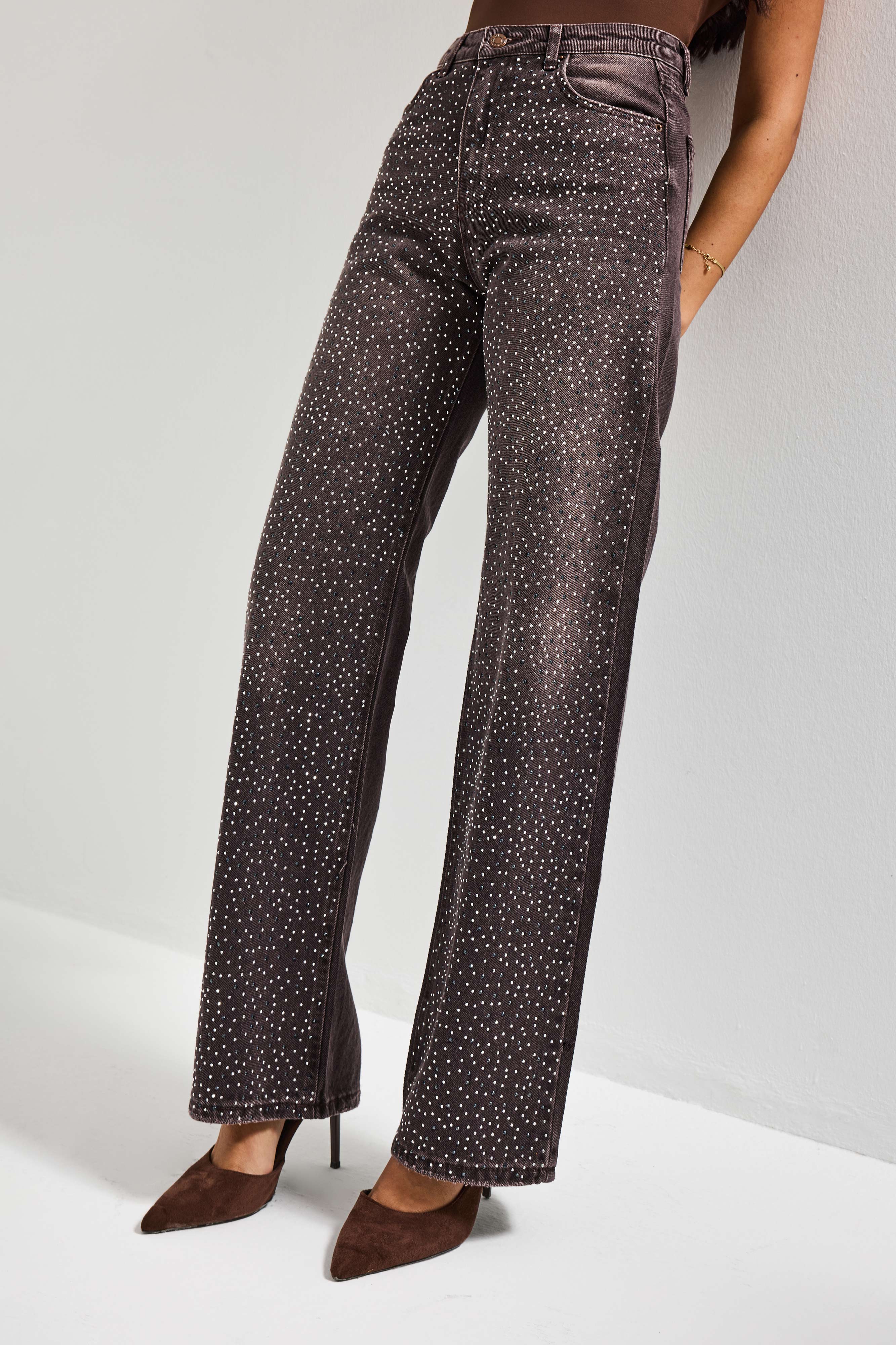 Kadın Koyu Kahve T-2s6-16 Straight Fit Parlak Taşlı Yüksek Bel Özel Tasarım Denim Jean