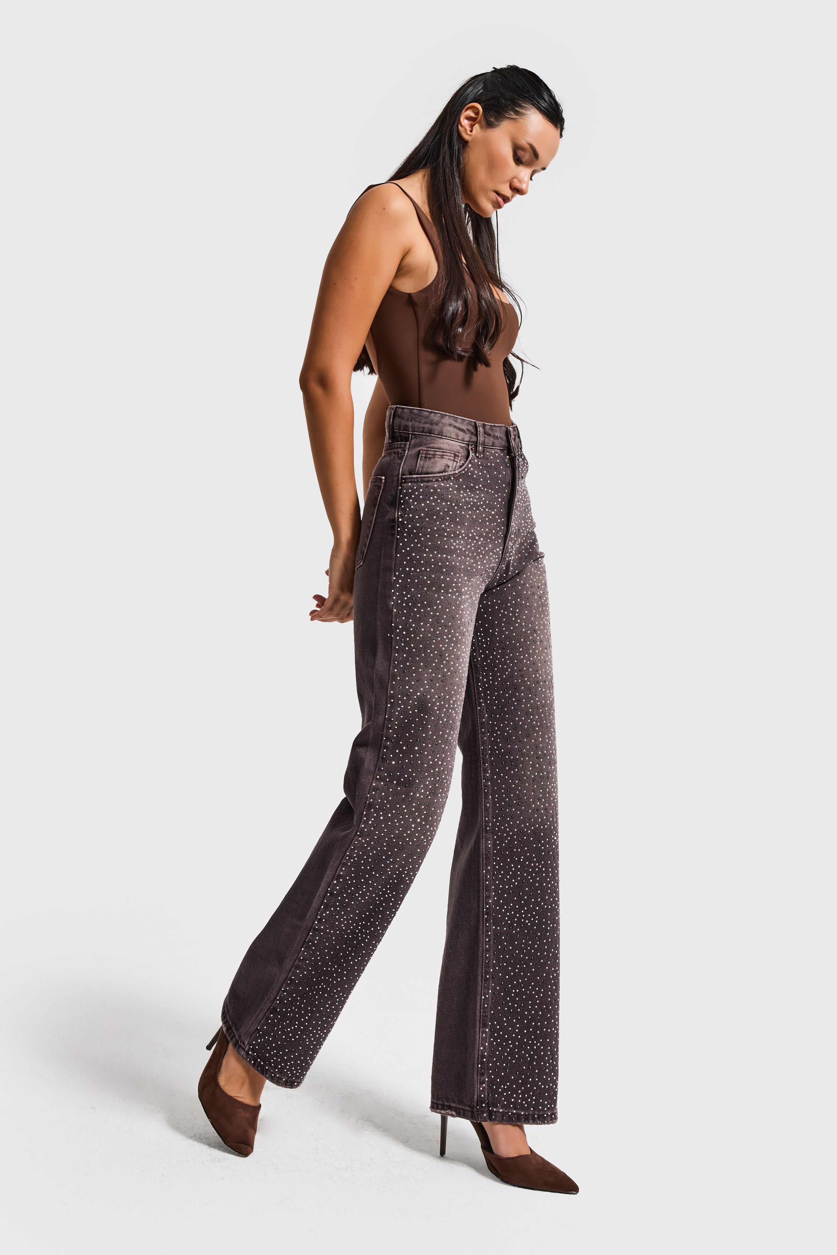 Kadın Koyu Kahve T-2s6-16 Straight Fit Parlak Taşlı Yüksek Bel Özel Tasarım Denim Jean