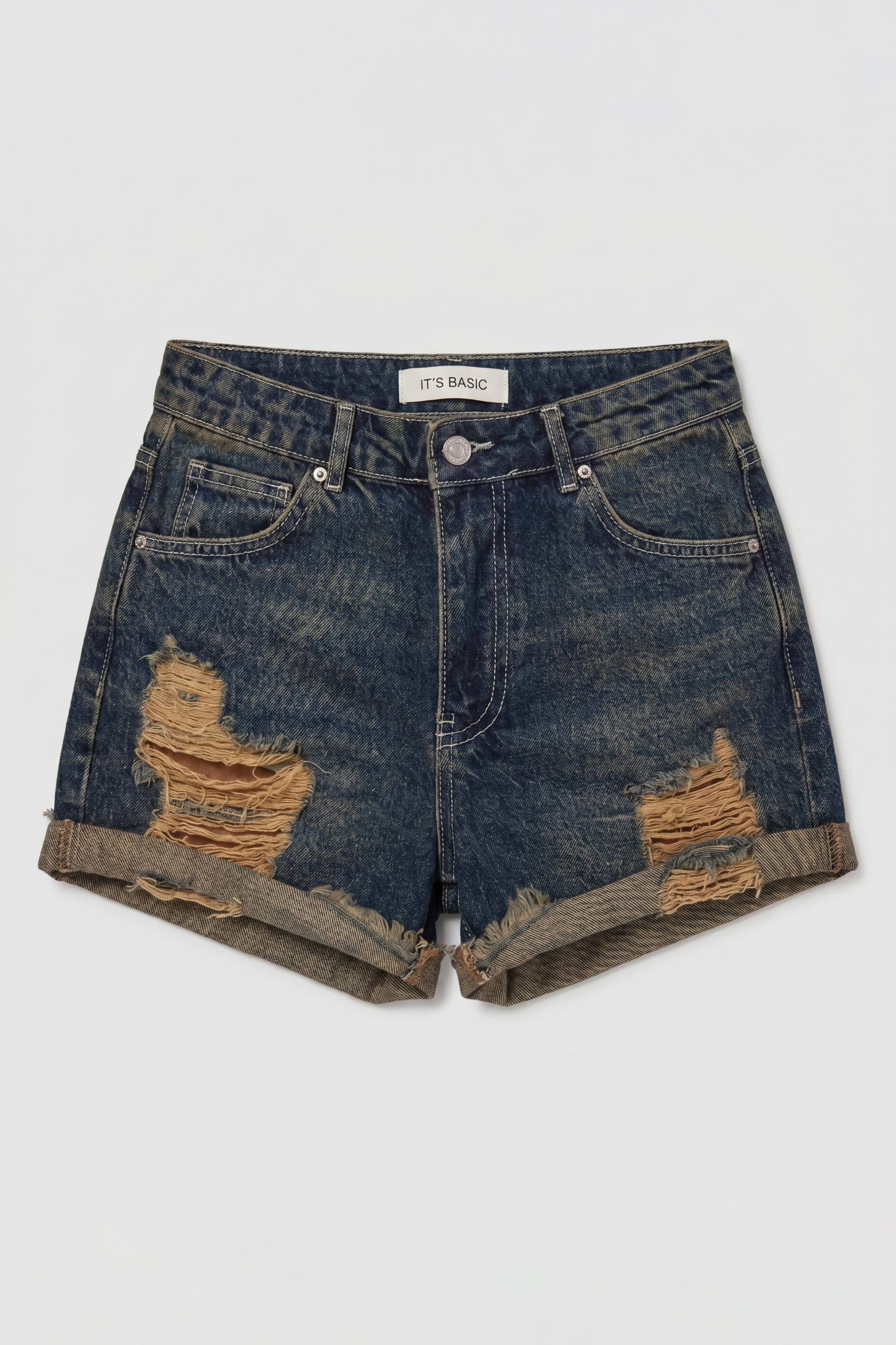 Kadın Koyu Kot 10s6 Mini Yırtık Detaylı Denim Şort
