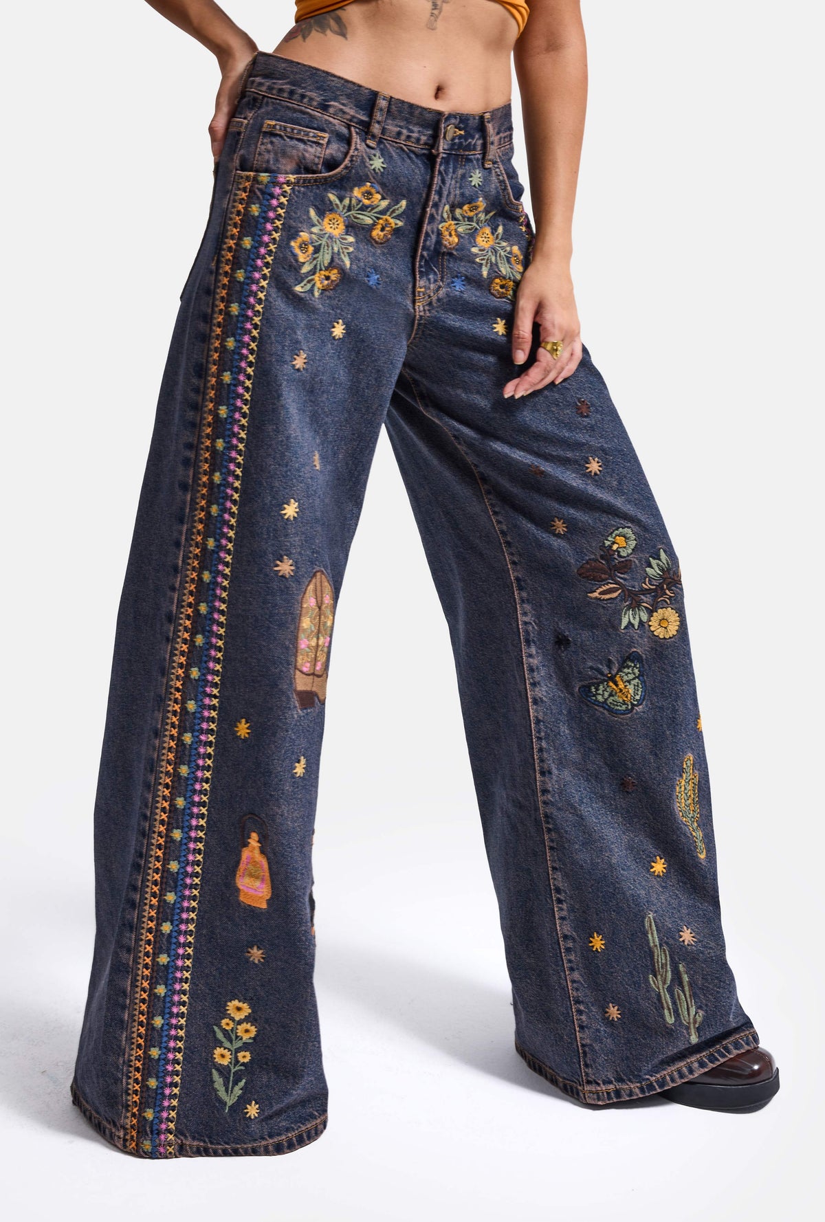 Kadın Koyu Kot 1w6-10 Palazzo Fit Özel Nakış Desen Tasarım Denim Jean
