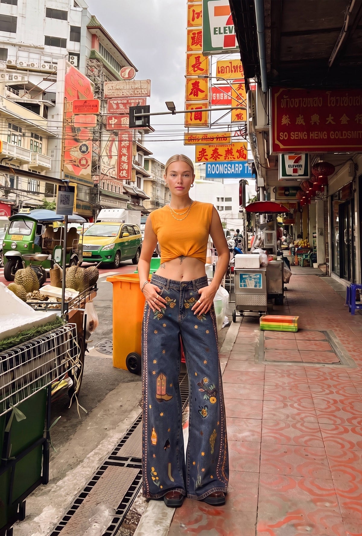 Kadın Koyu Kot 1w6-10 Palazzo Fit Özel Nakış Desen Tasarım Denim Jean