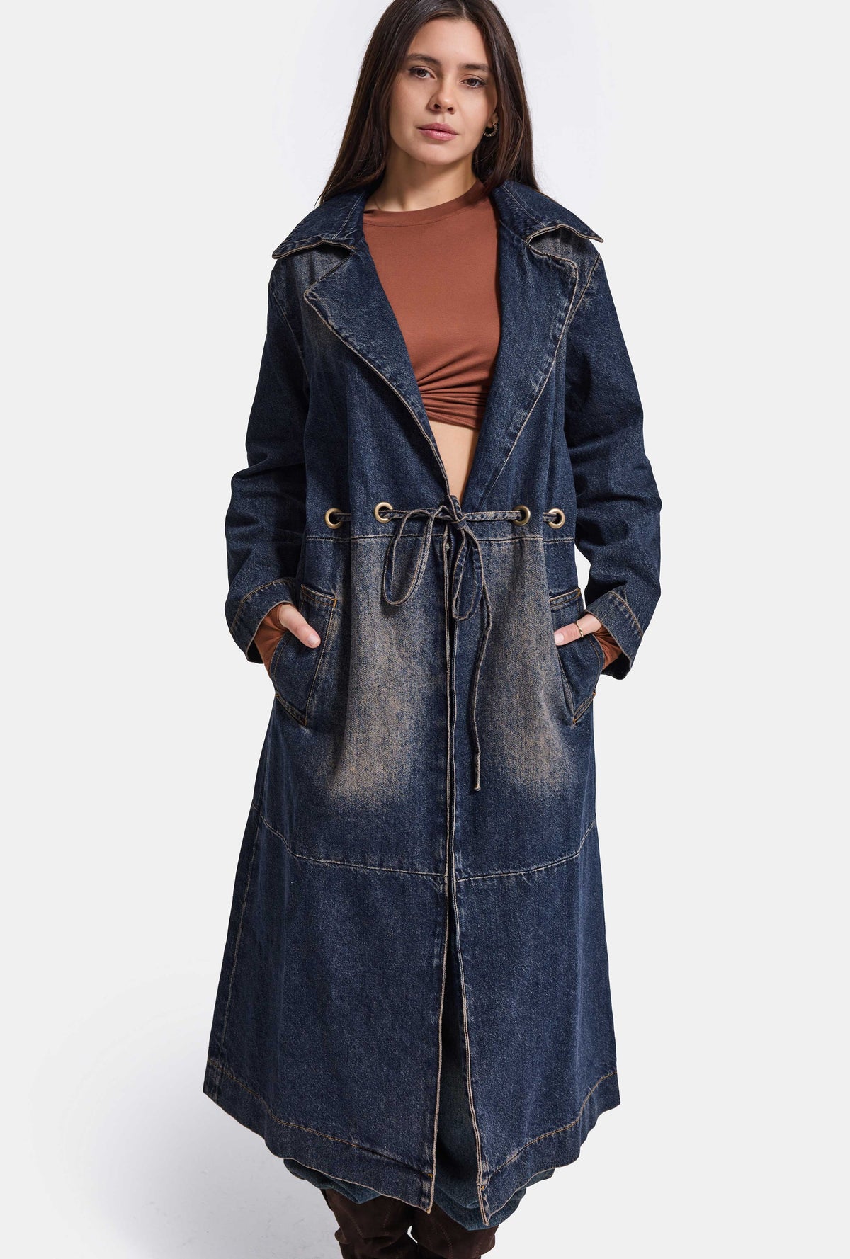 Kadın Koyu Kot 2w6-10 Relaxed Duster Trench Oversize Denim Kaban Trençkot