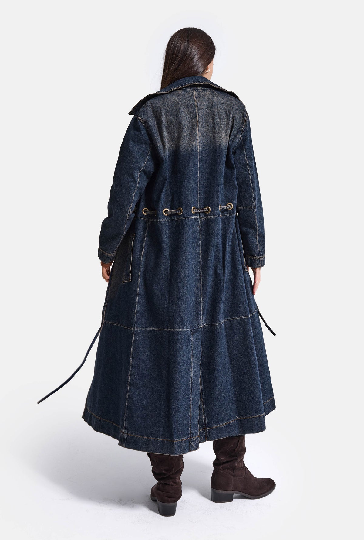 Kadın Koyu Kot 2w6-10 Relaxed Duster Trench Oversize Denim Kaban Trençkot