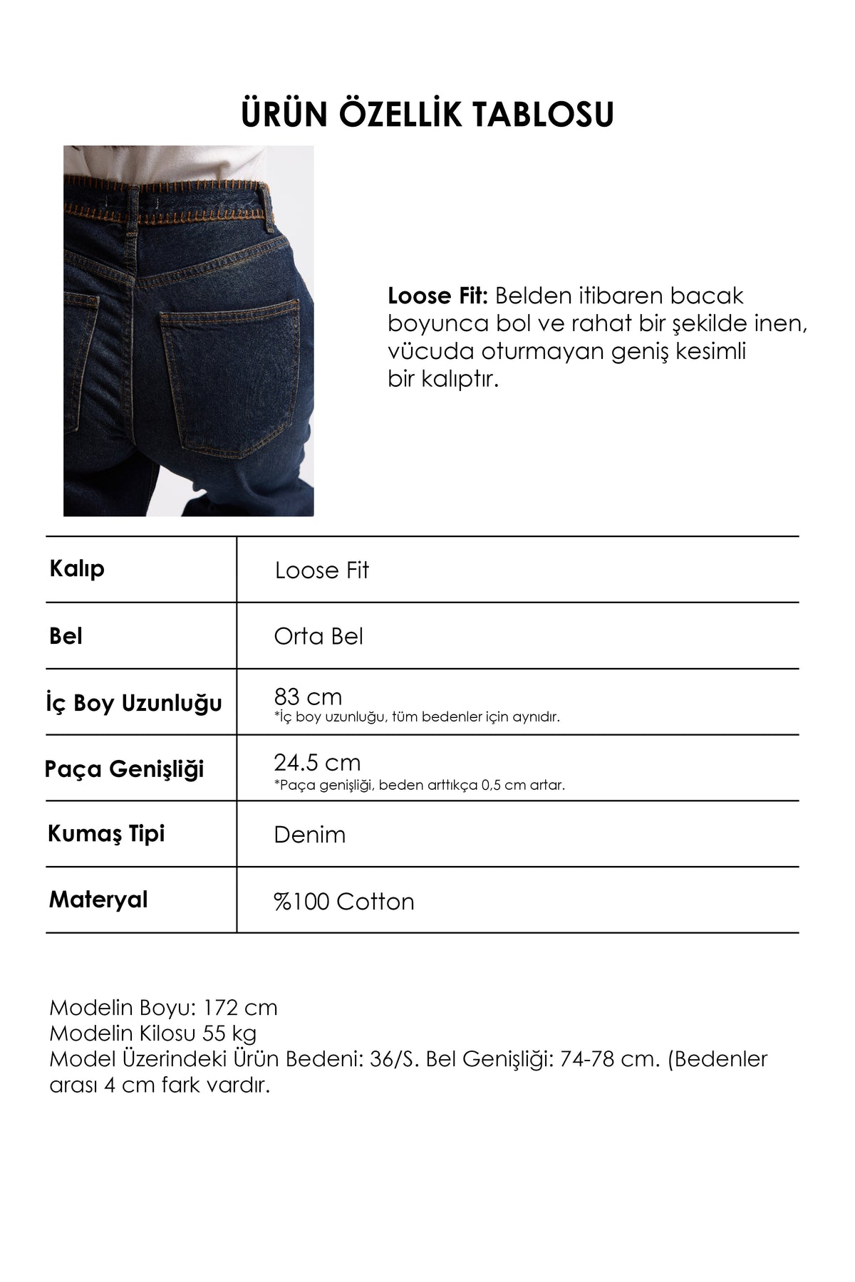 Kadın Koyu Kot 2w6-8 Loose Fit Kemer Dikiş Detaylı Özel Tasarım Denim Jean