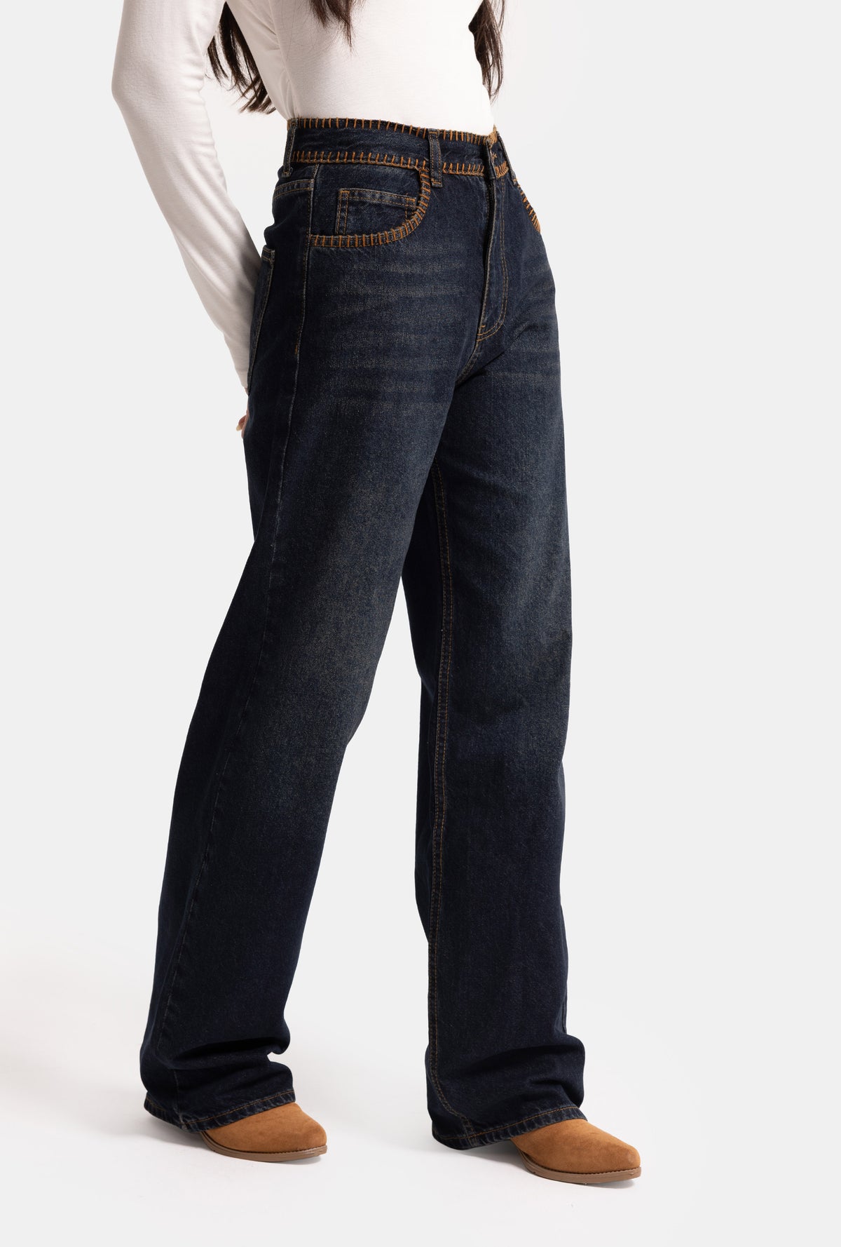 Kadın Koyu Kot 2w6-8 Loose Fit Kemer Dikiş Detaylı Özel Tasarım Denim Jean