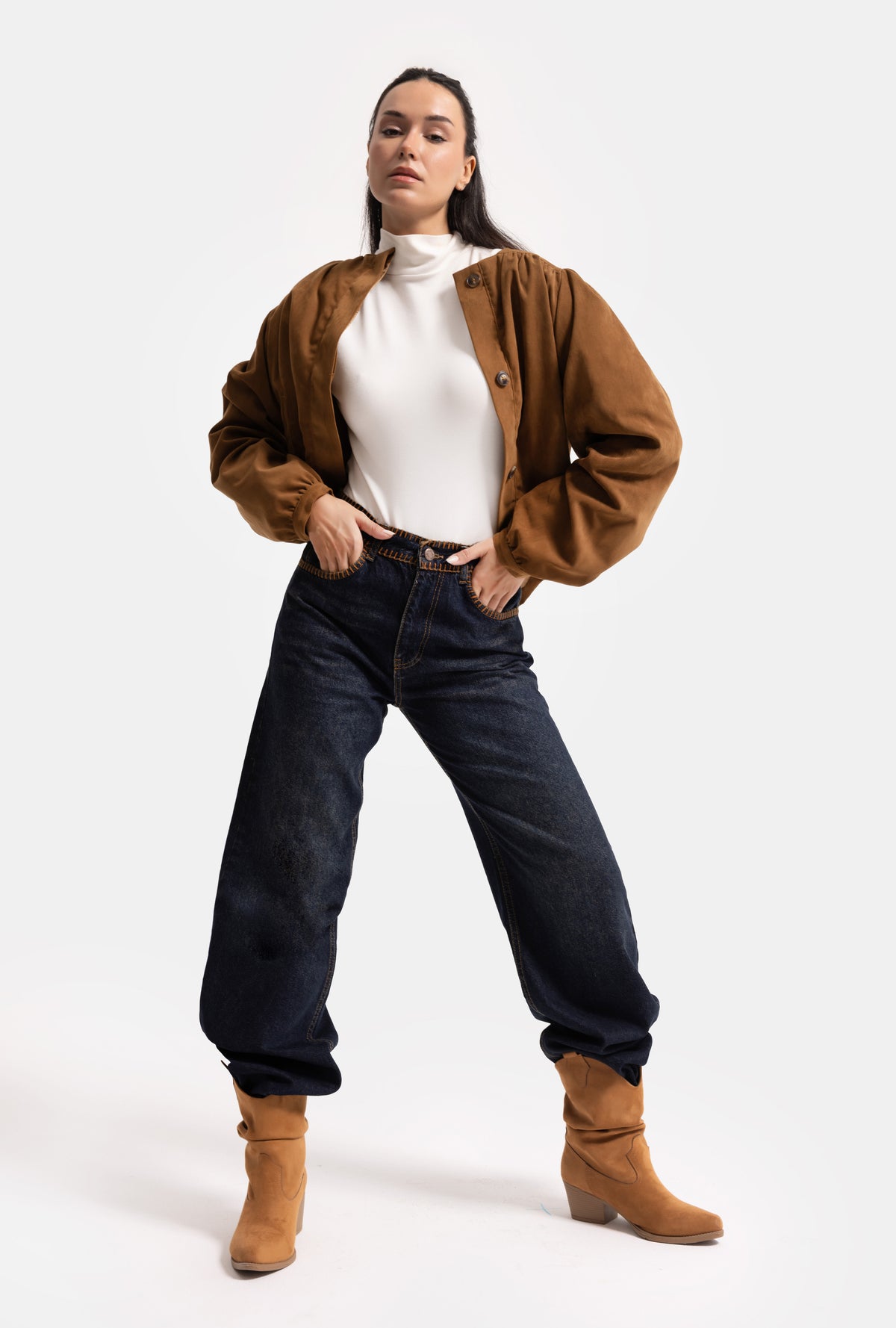 Kadın Koyu Kot 2w6-8 Loose Fit Kemer Dikiş Detaylı Özel Tasarım Denim Jean