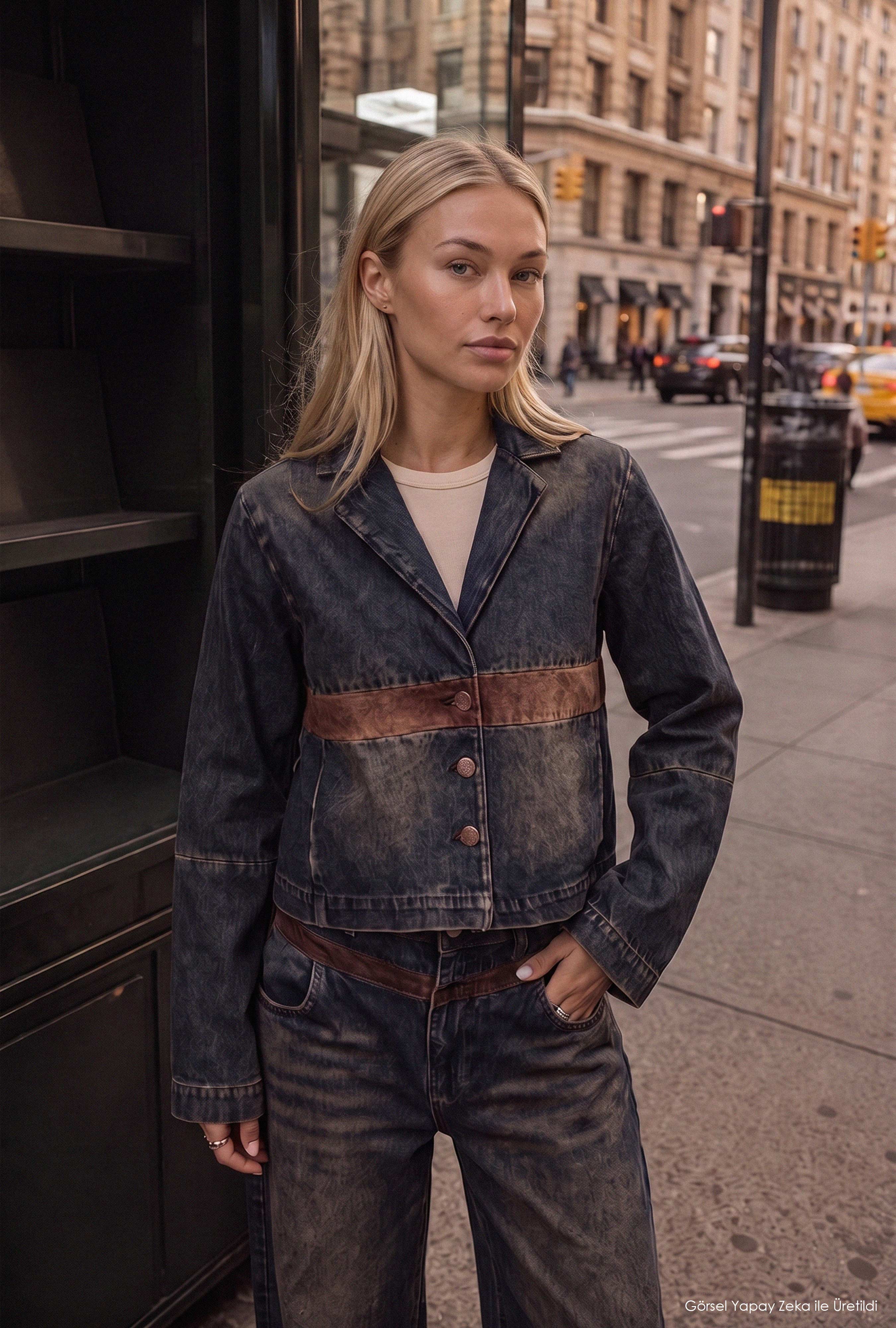 Women's Dark Denim 2w6-8 Oversize Waist Design Denim Jacket