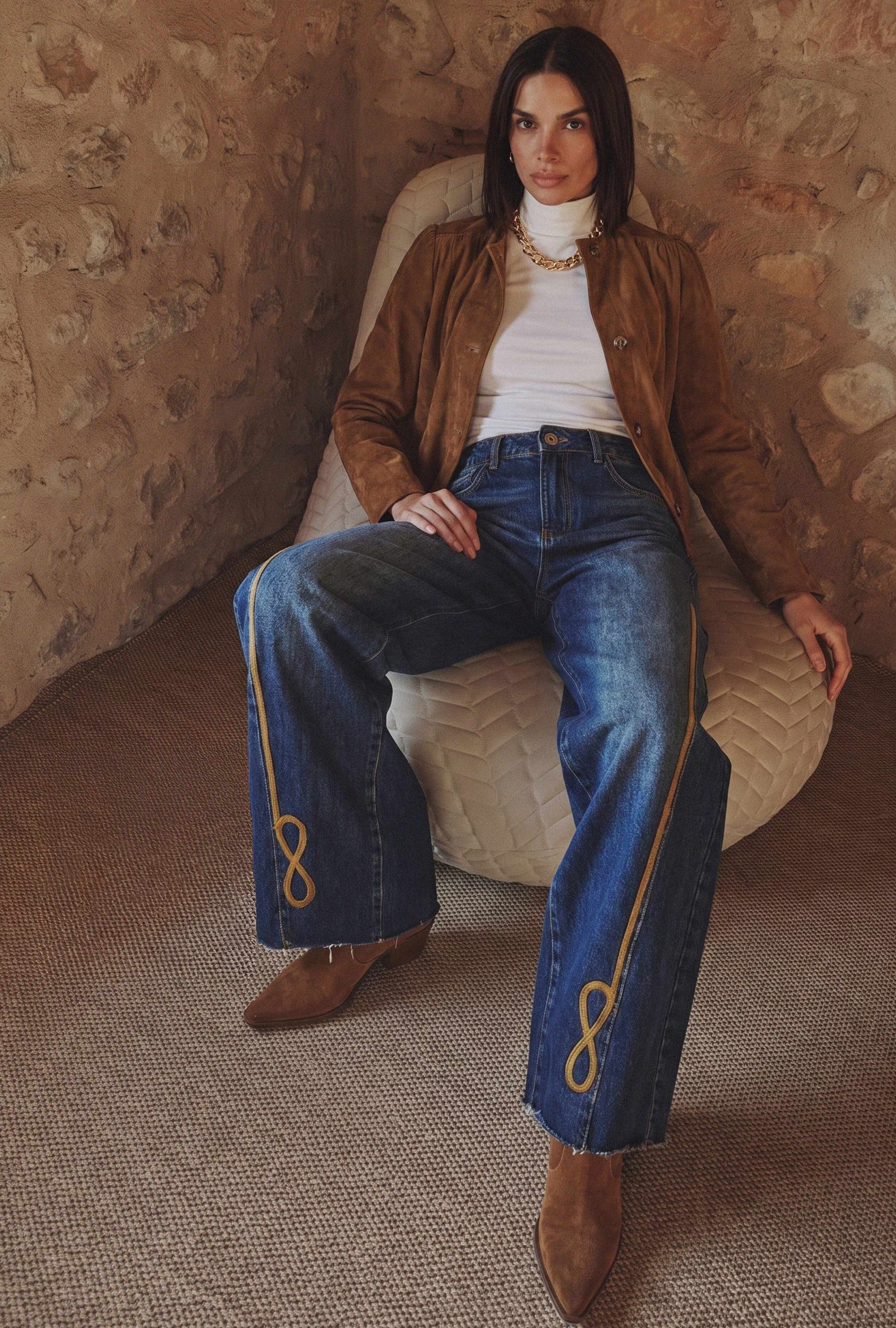 Kadın Koyu Kot 2w6-8 Palazzo Fit Nakış Detaylı Özel Tsarım Denim Jean