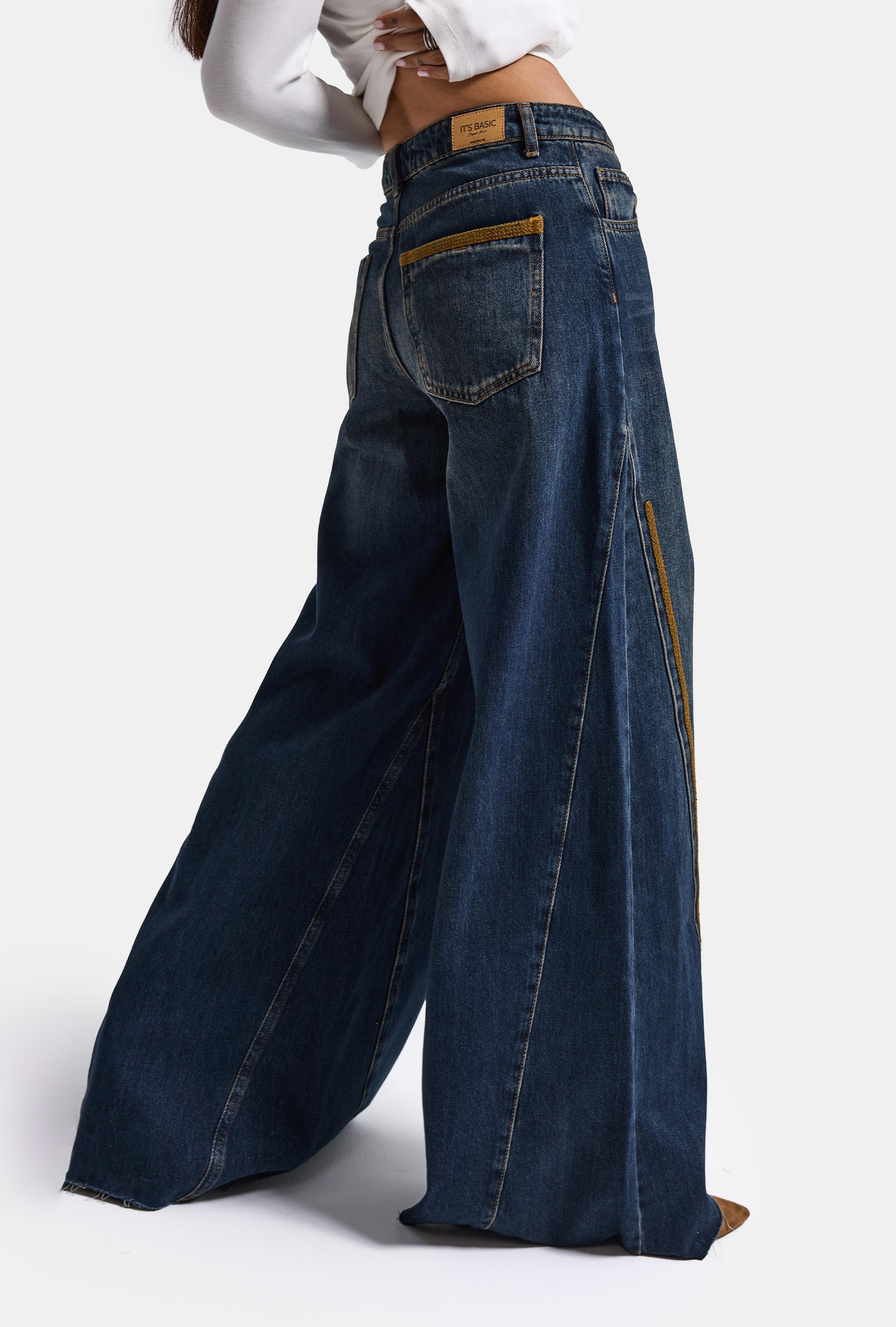 Kadın Koyu Kot 2w6-8 Palazzo Fit Nakış Detaylı Özel Tsarım Denim Jean