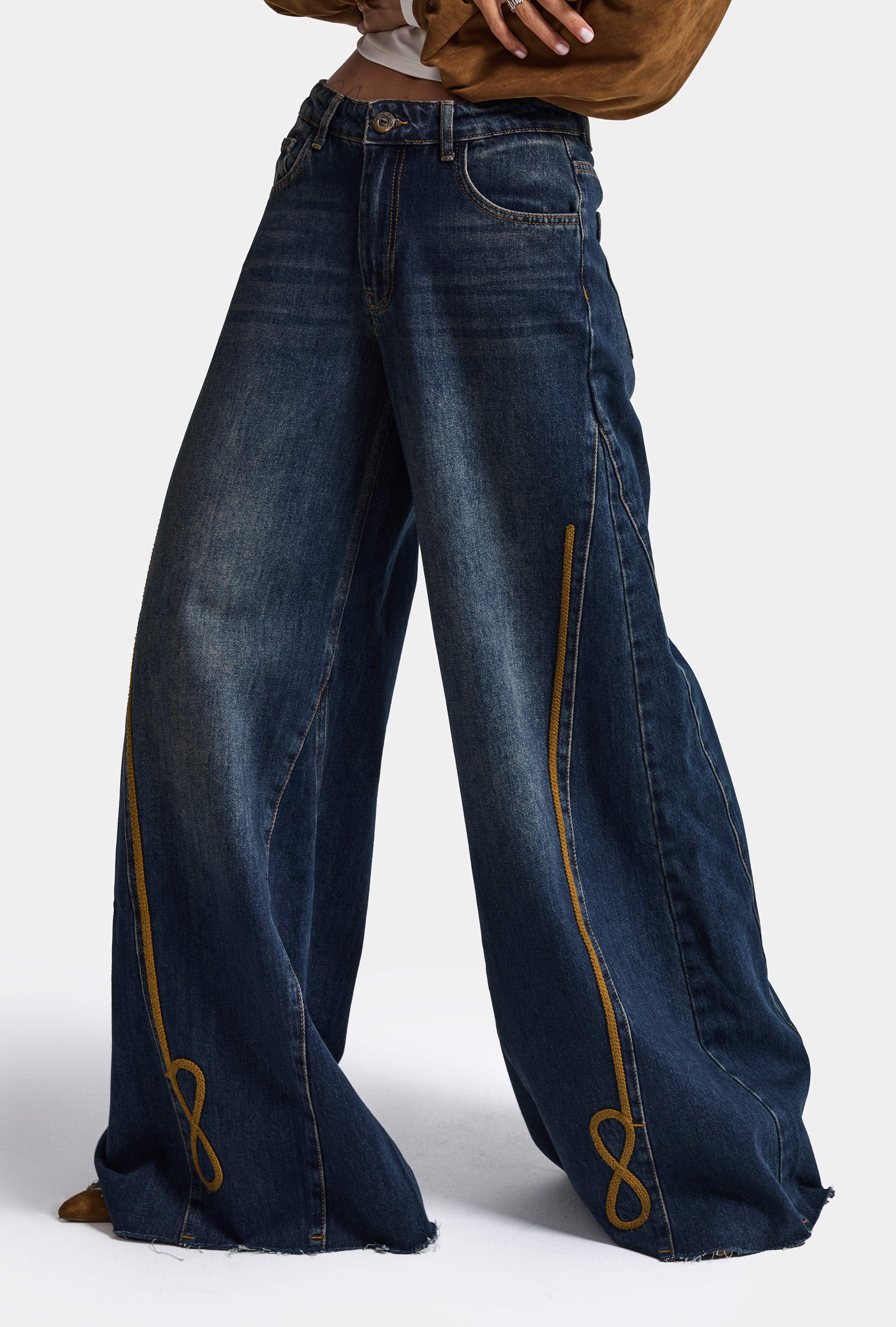 Kadın Koyu Kot 2w6-8 Palazzo Fit Nakış Detaylı Özel Tsarım Denim Jean