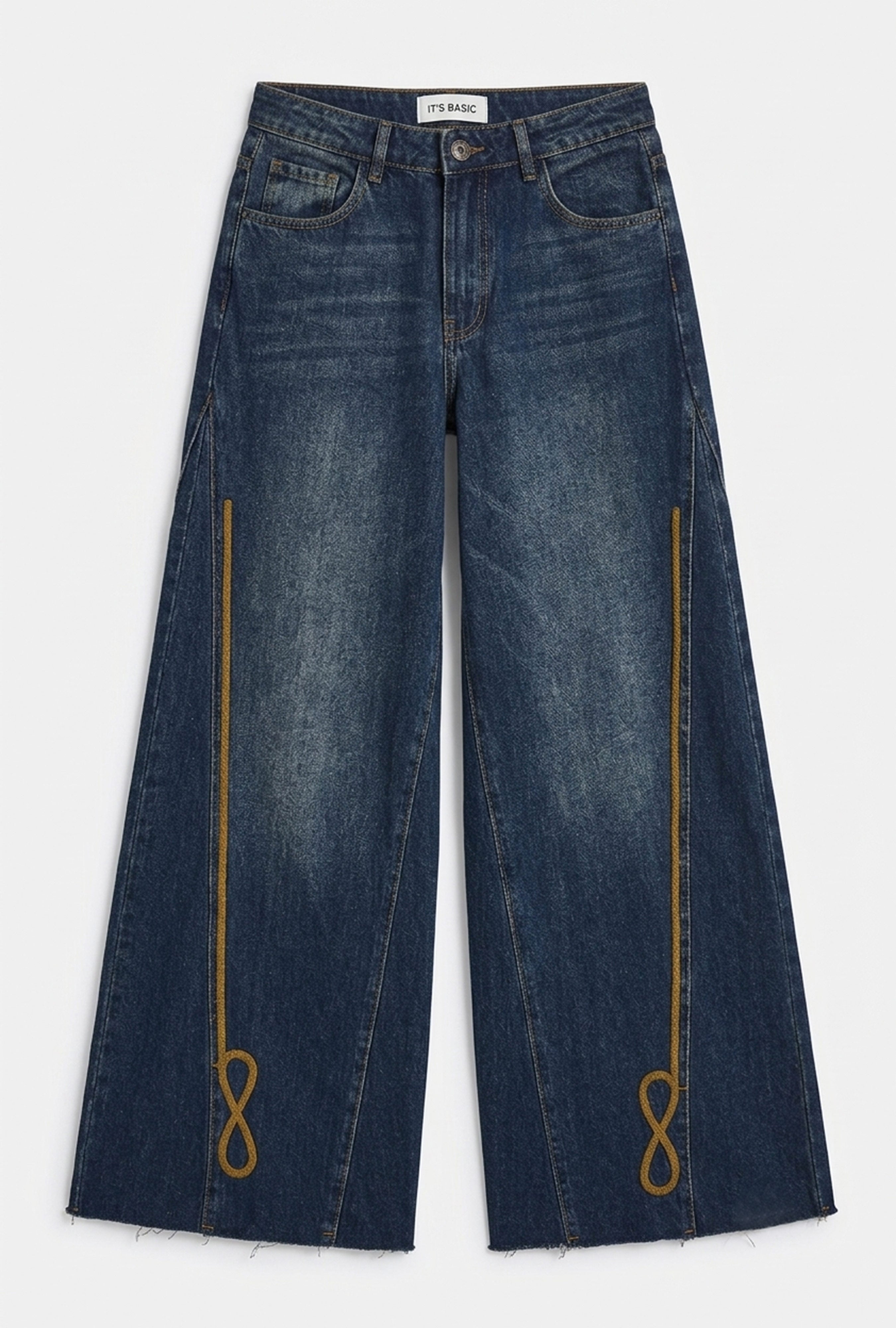 Kadın Koyu Kot 2w6-8 Palazzo Fit Nakış Detaylı Özel Tsarım Denim Jean