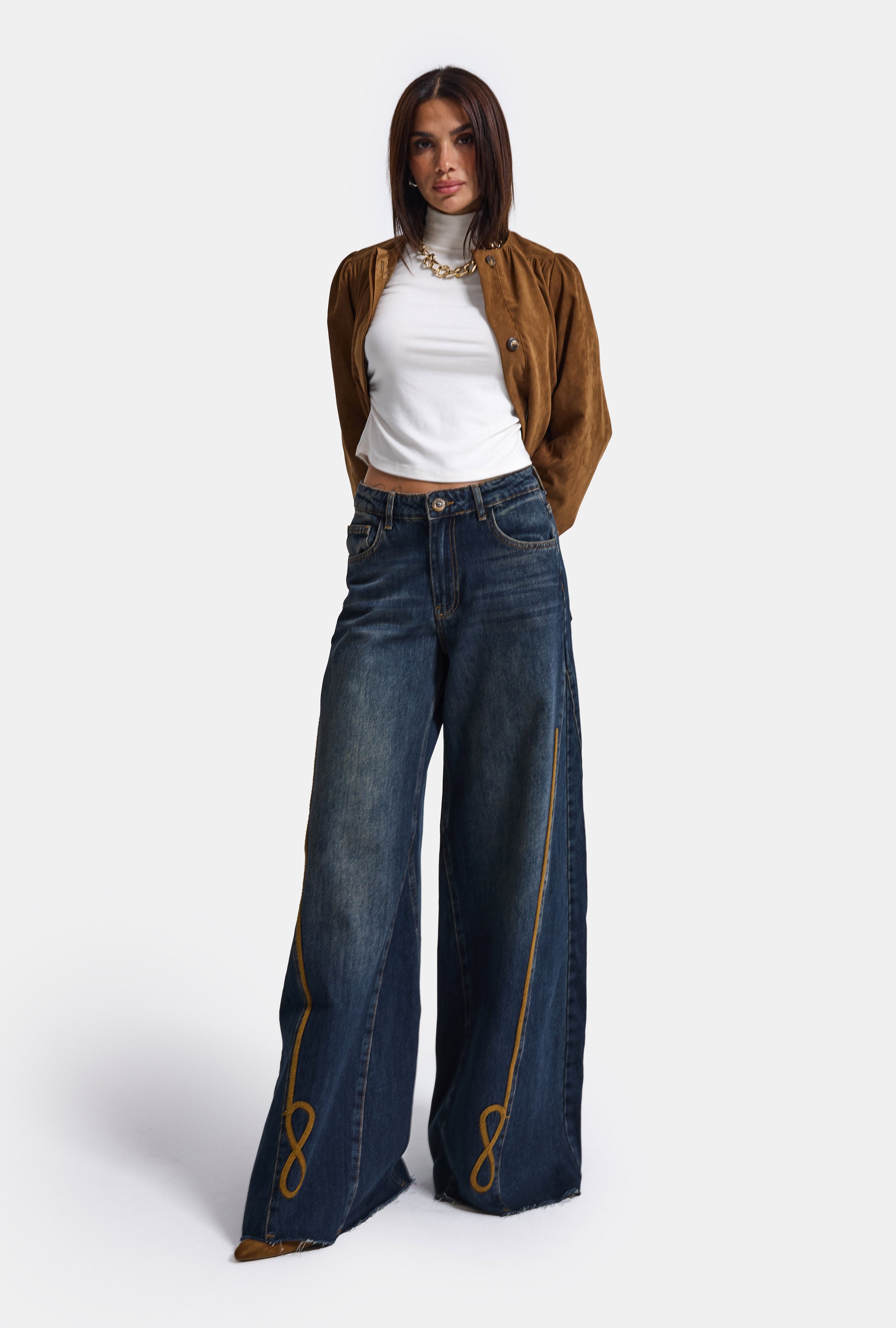 Kadın Koyu Kot 2w6-8 Palazzo Fit Nakış Detaylı Özel Tsarım Denim Jean