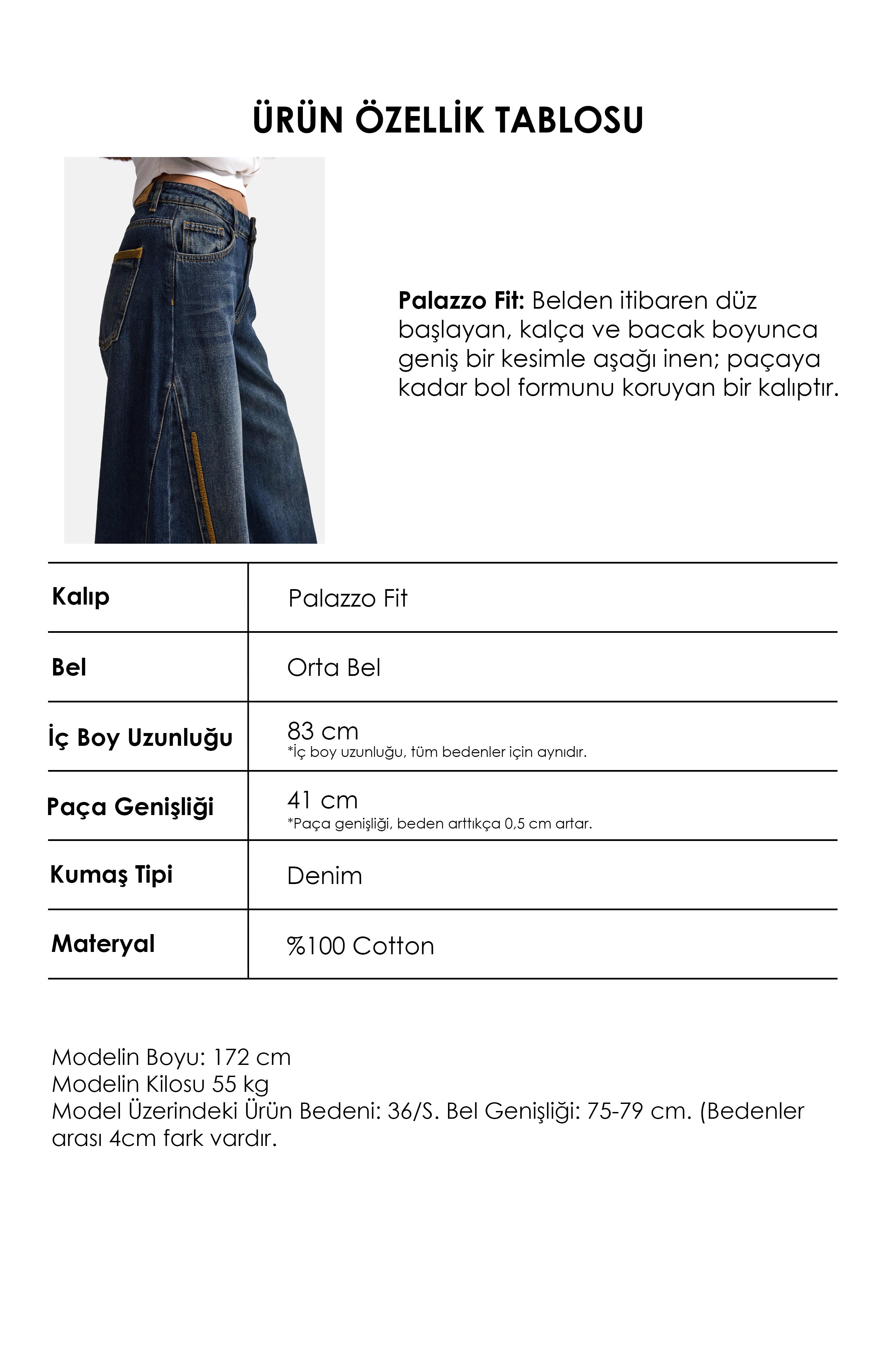 Kadın Koyu Kot 2w6-8 Palazzo Fit Nakış Detaylı Özel Tsarım Denim Jean