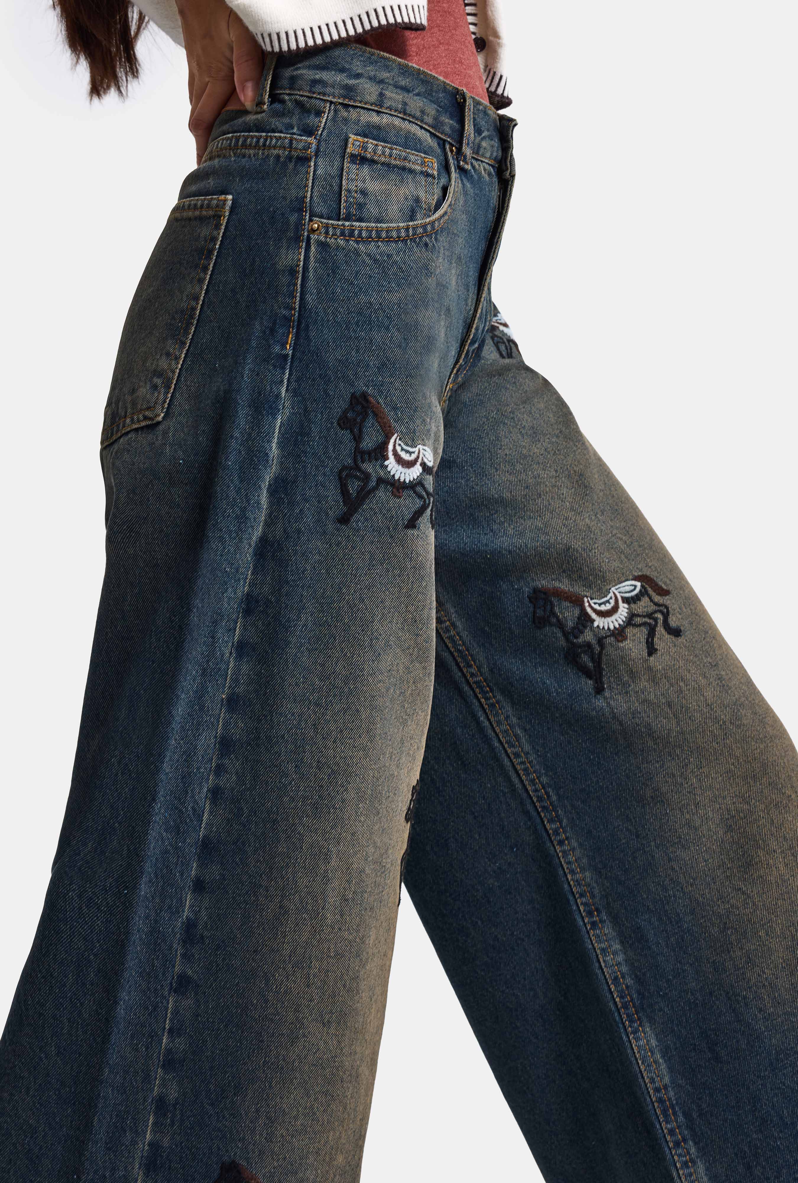 Kadın Koyu Kot 2w6-8 Palazzo Fit Özel Nakış Desenli Tasarım Denim Jean
