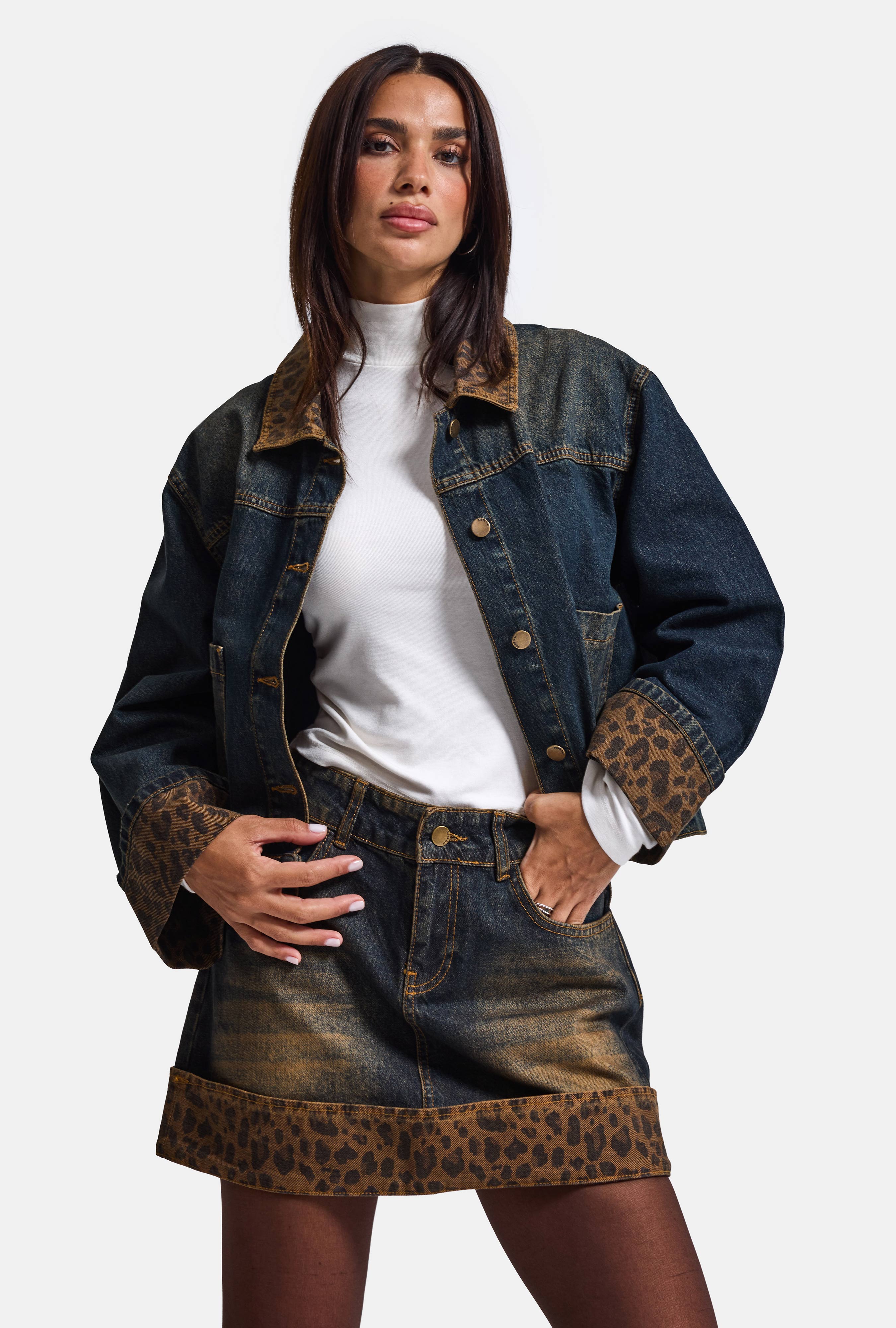 Kadın Koyu Kot 2w6-8 Straight Leopar Detaylı Tasarım denim Etek