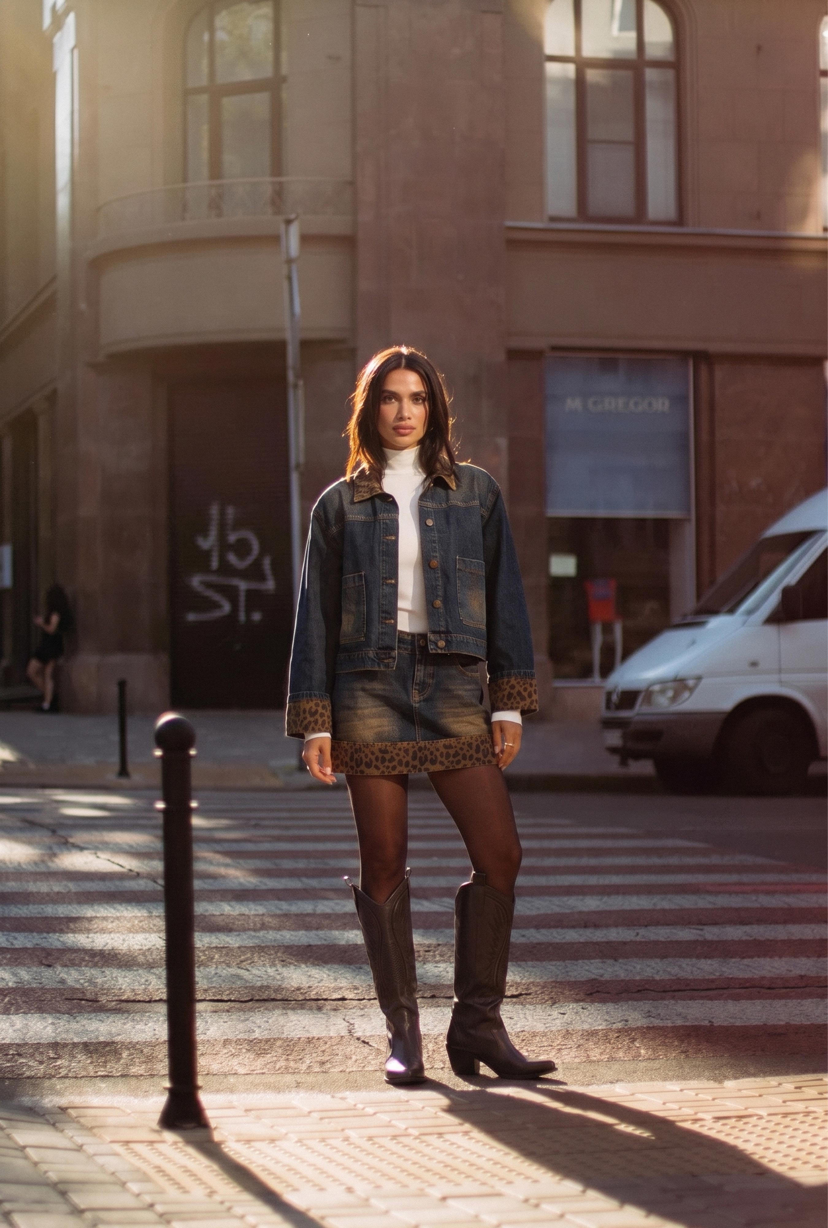Kadın Koyu Kot 2w6-8 Straight Leopar Detaylı Tasarım denim Etek