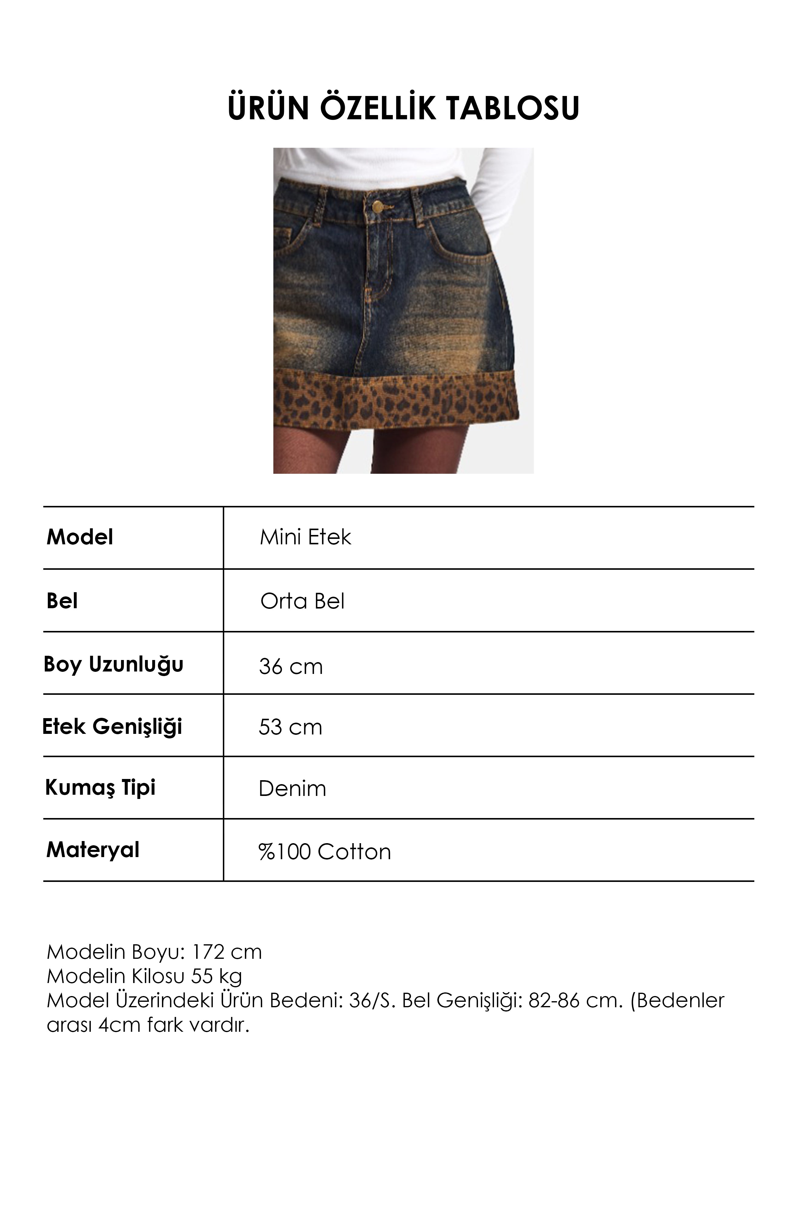 Kadın Koyu Kot 2w6-8 Straight Leopar Detaylı Tasarım denim Etek
