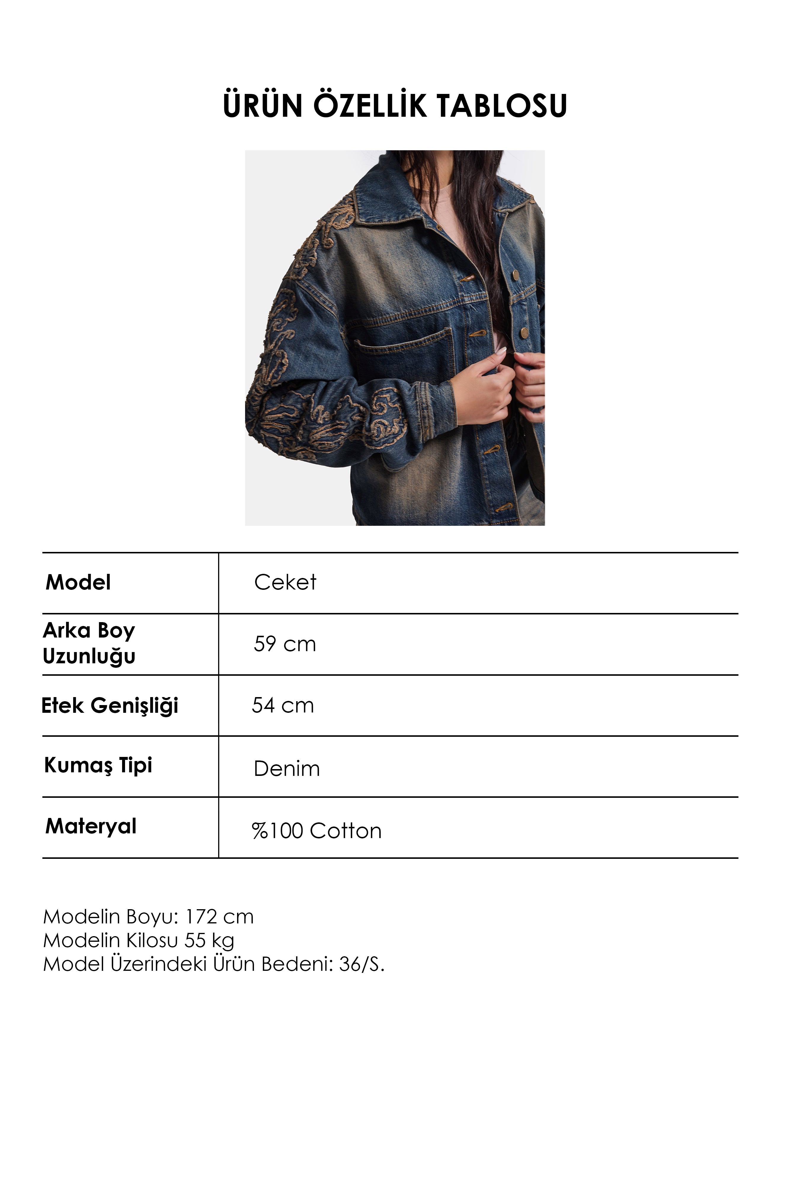 Kadın Koyu Kot 4w6-32 Oversize Nakış Detaylı Tasarım Denim Ceket