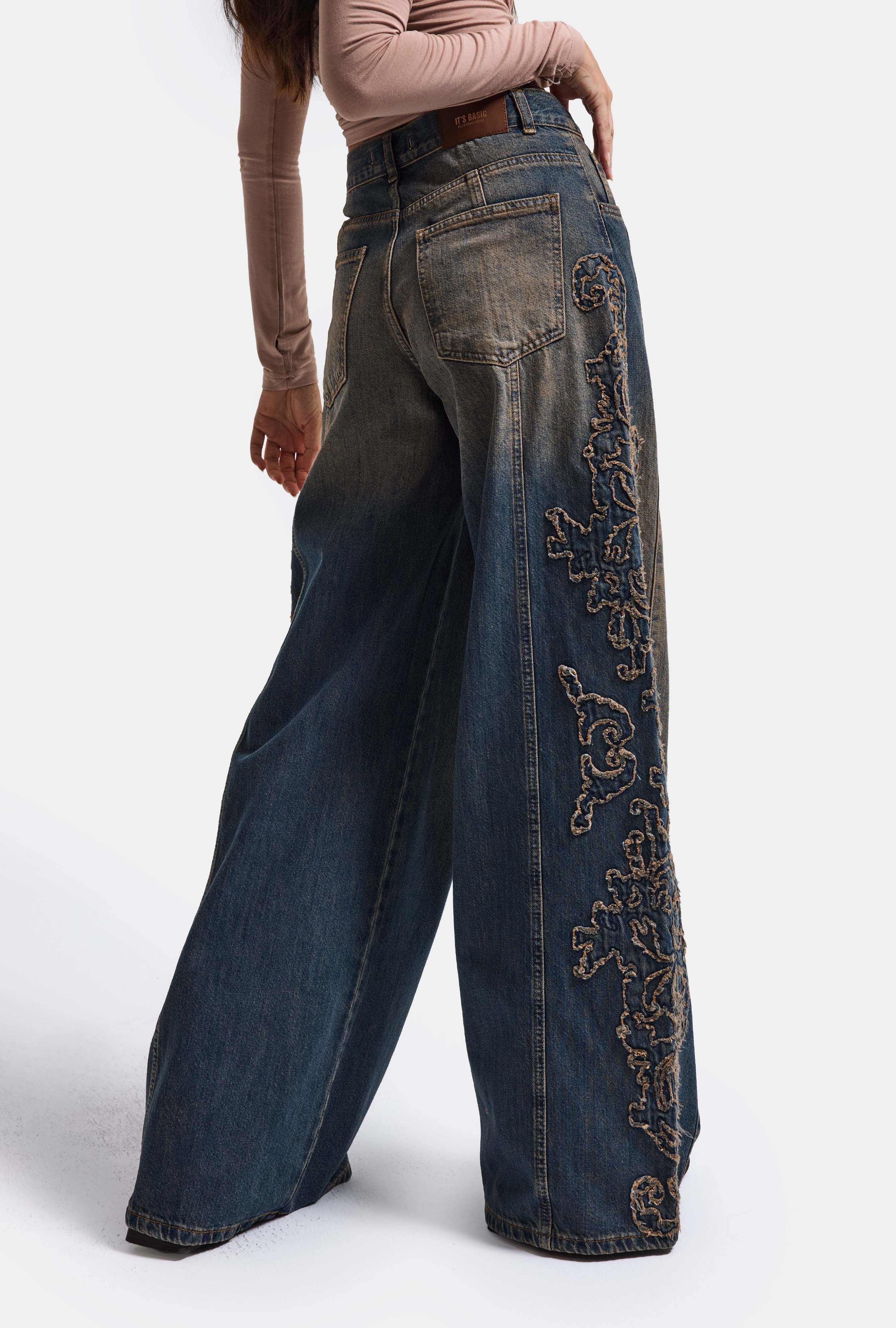 Kadın Koyu Kot 4w6-32 Palazzo Fit Özel Nakış Detaylı Tasarım Denim Jean