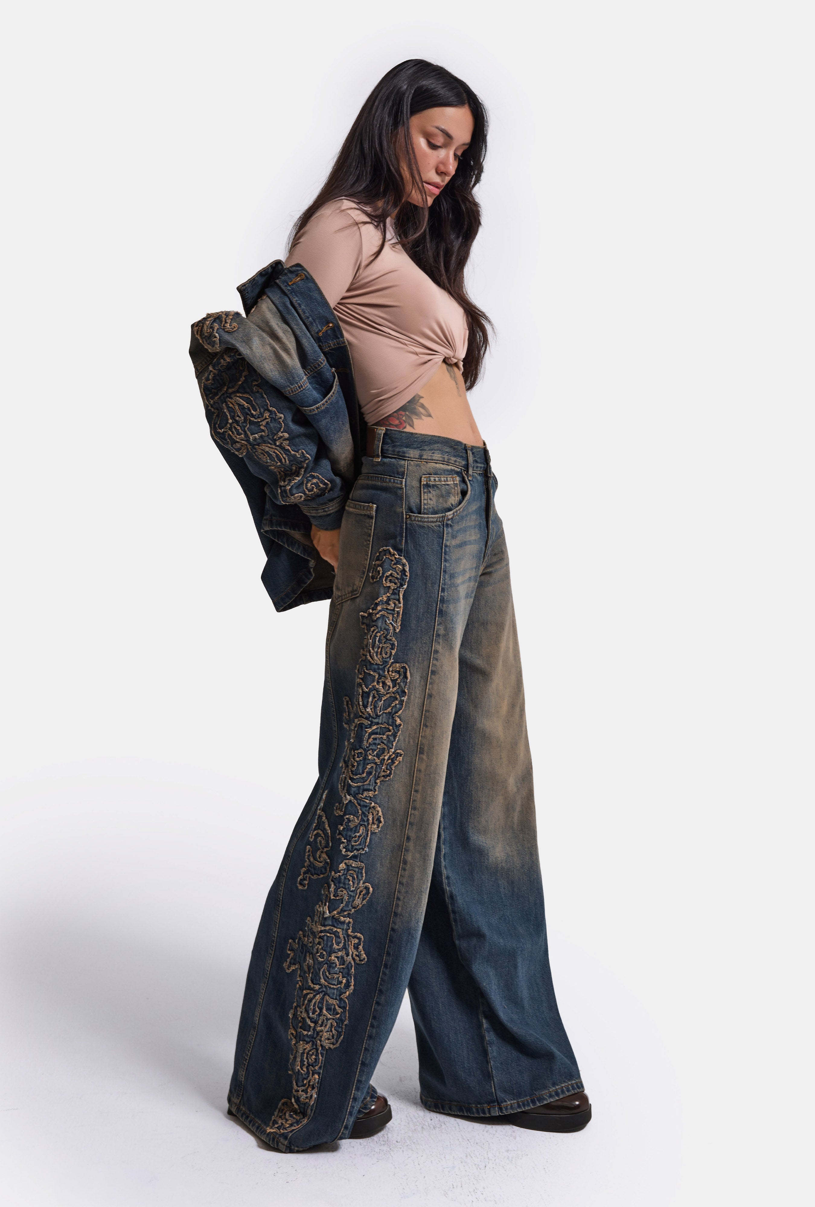 Kadın Koyu Kot 4w6-32 Palazzo Fit Özel Nakış Detaylı Tasarım Denim Jean