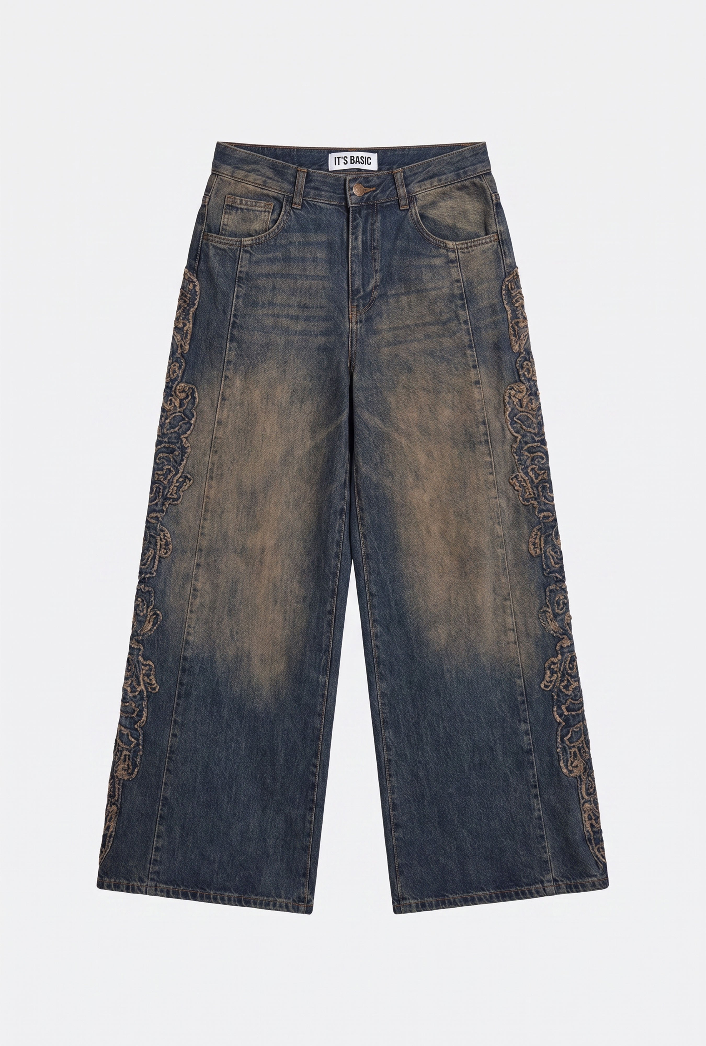 Kadın Koyu Kot 4w6-32 Palazzo Fit Özel Nakış Detaylı Tasarım Denim Jean