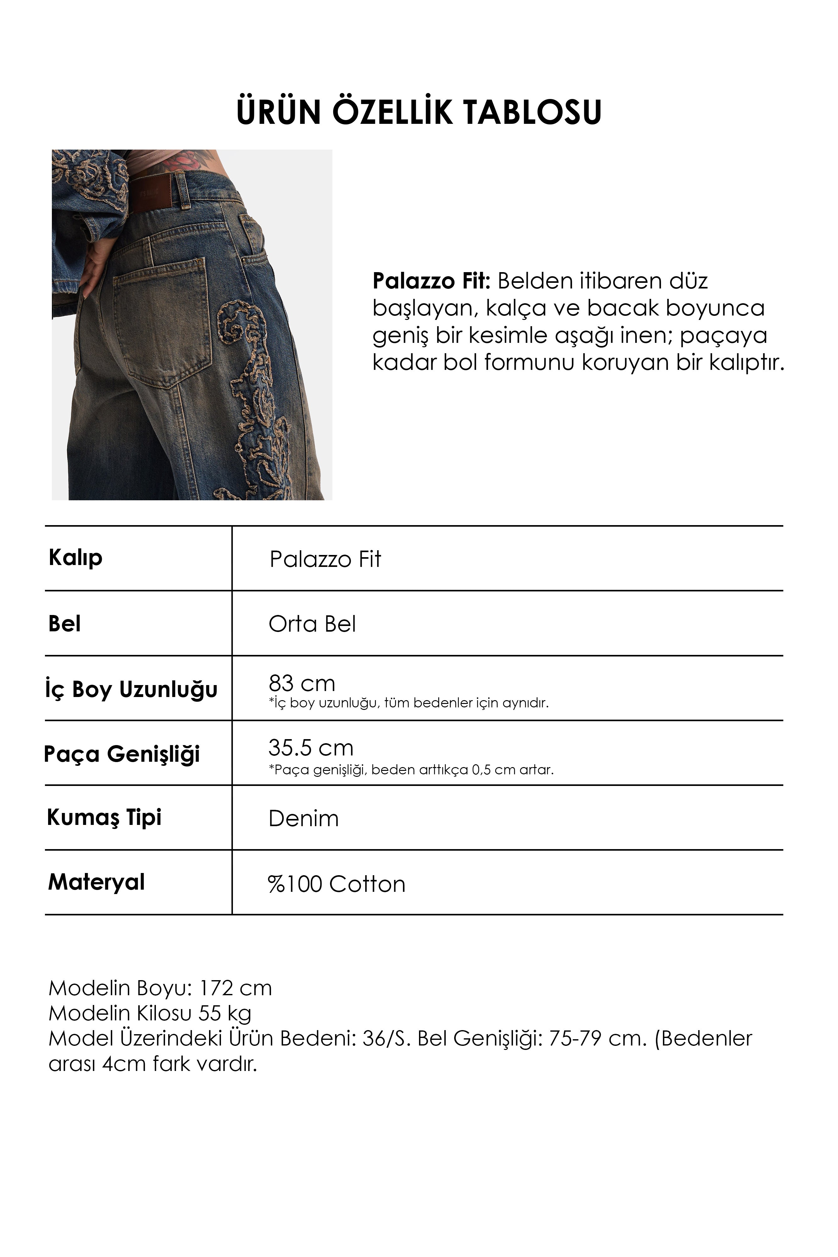 Kadın Koyu Kot 4w6-32 Palazzo Fit Özel Nakış Detaylı Tasarım Denim Jean