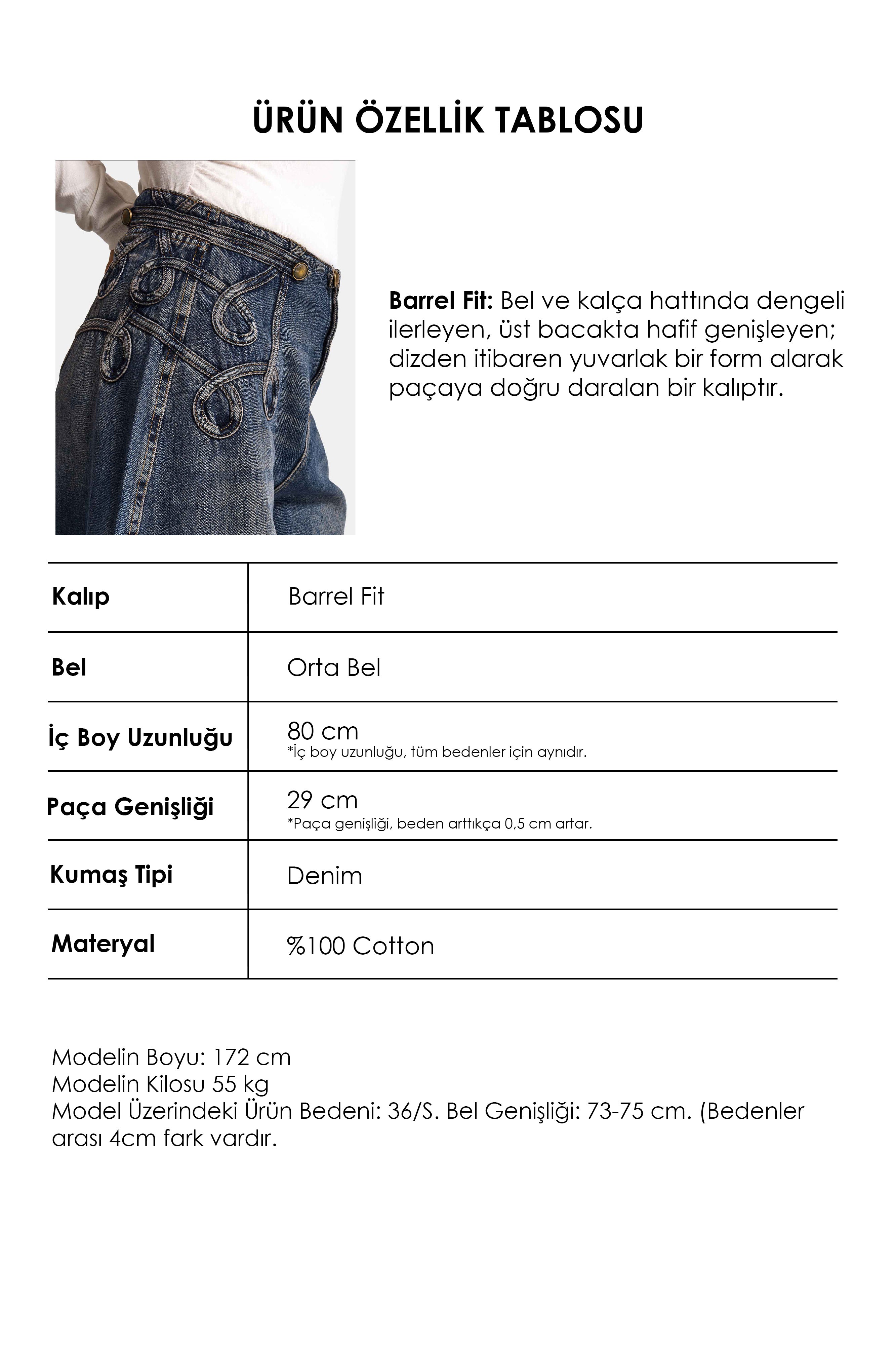 Kadın Koyu Kot 4w6-8 Barrel Fit Bol Kesim Nakış Detaylı Tasarım Denim Jean