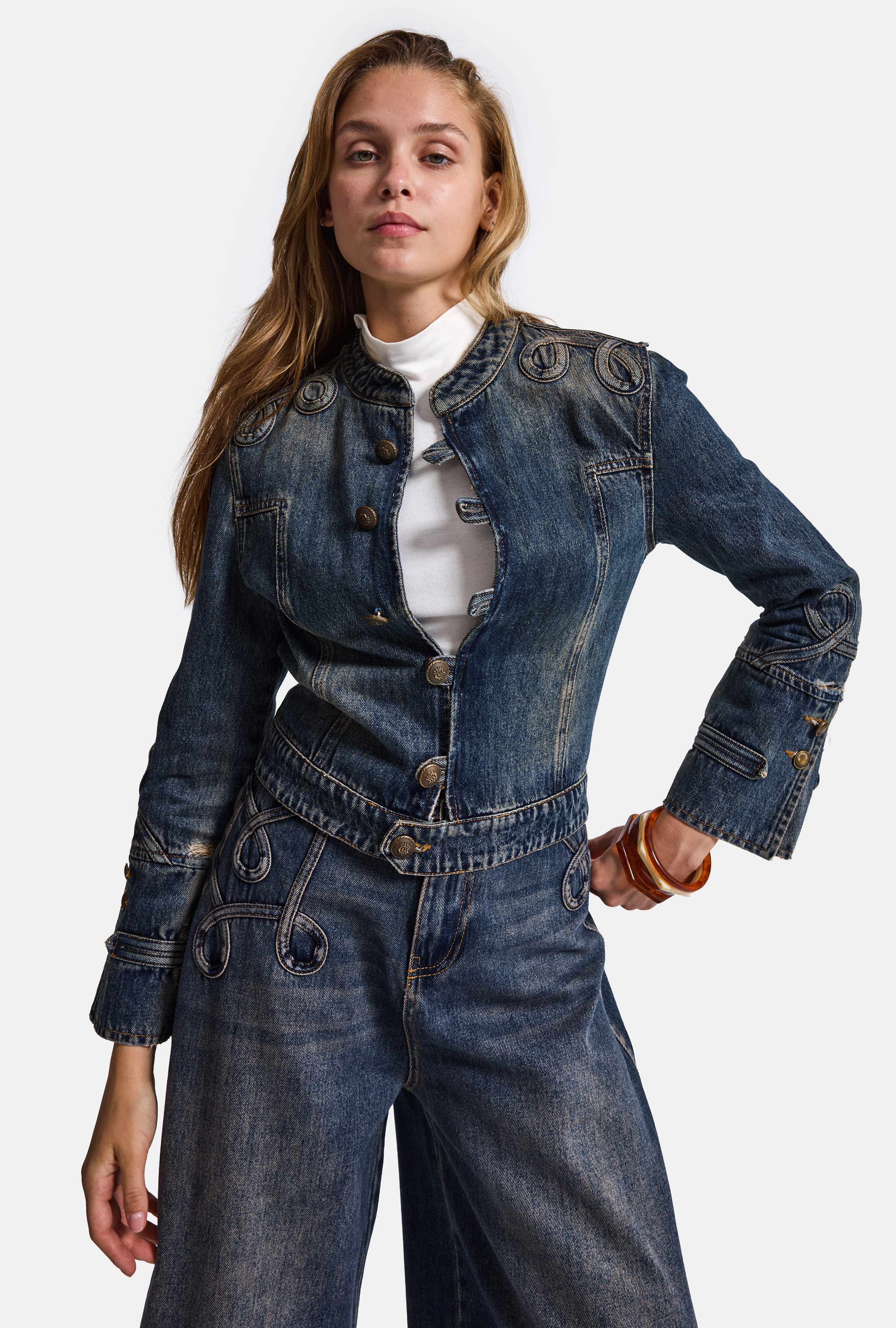 Kadın Koyu Kot 4w6-8 Kemer Boy Nakış Detaylı Tasarım Napolyon Denim Ceket