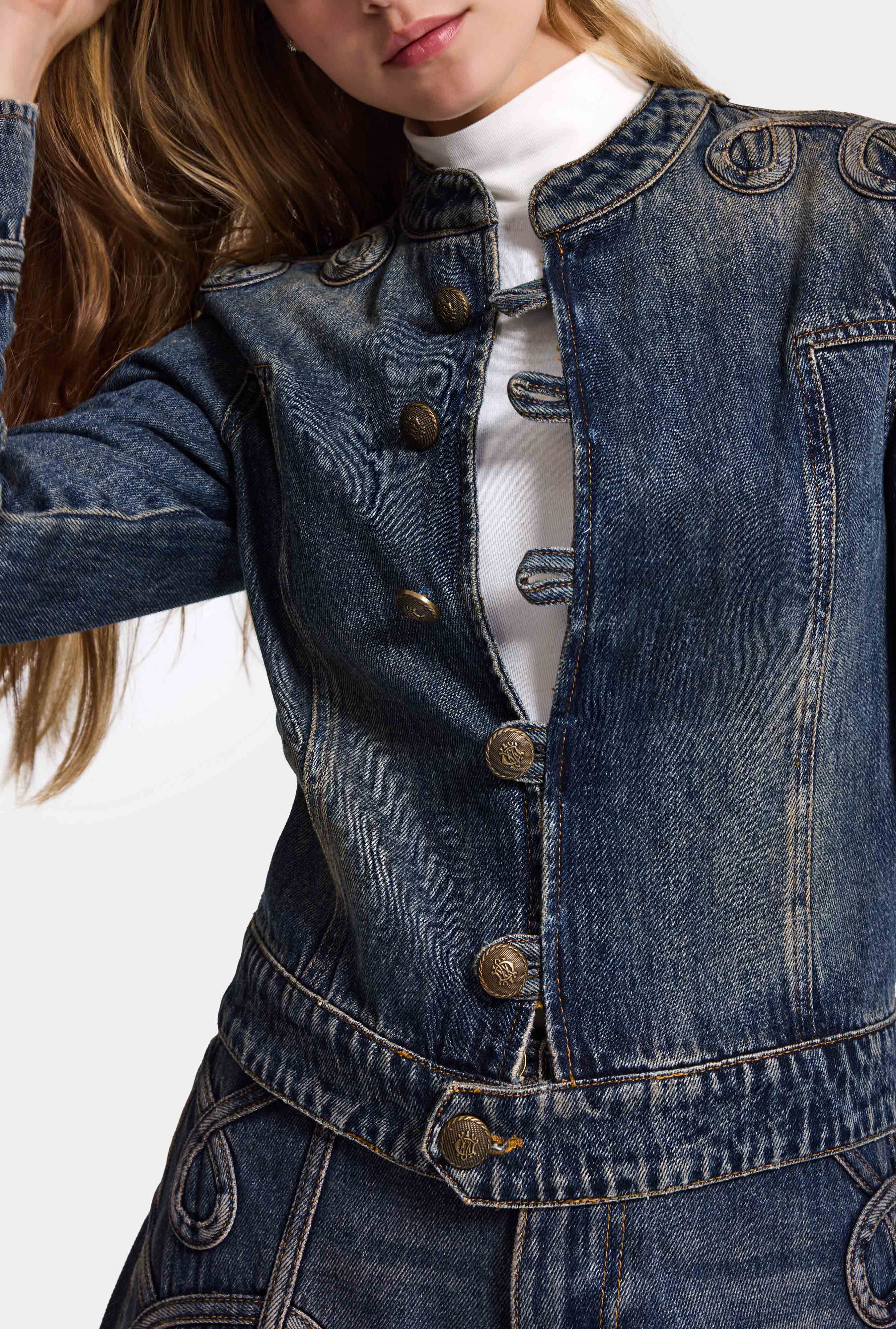 Kadın Koyu Kot 4w6-8 Kemer Boy Nakış Detaylı Tasarım Napolyon Denim Ceket