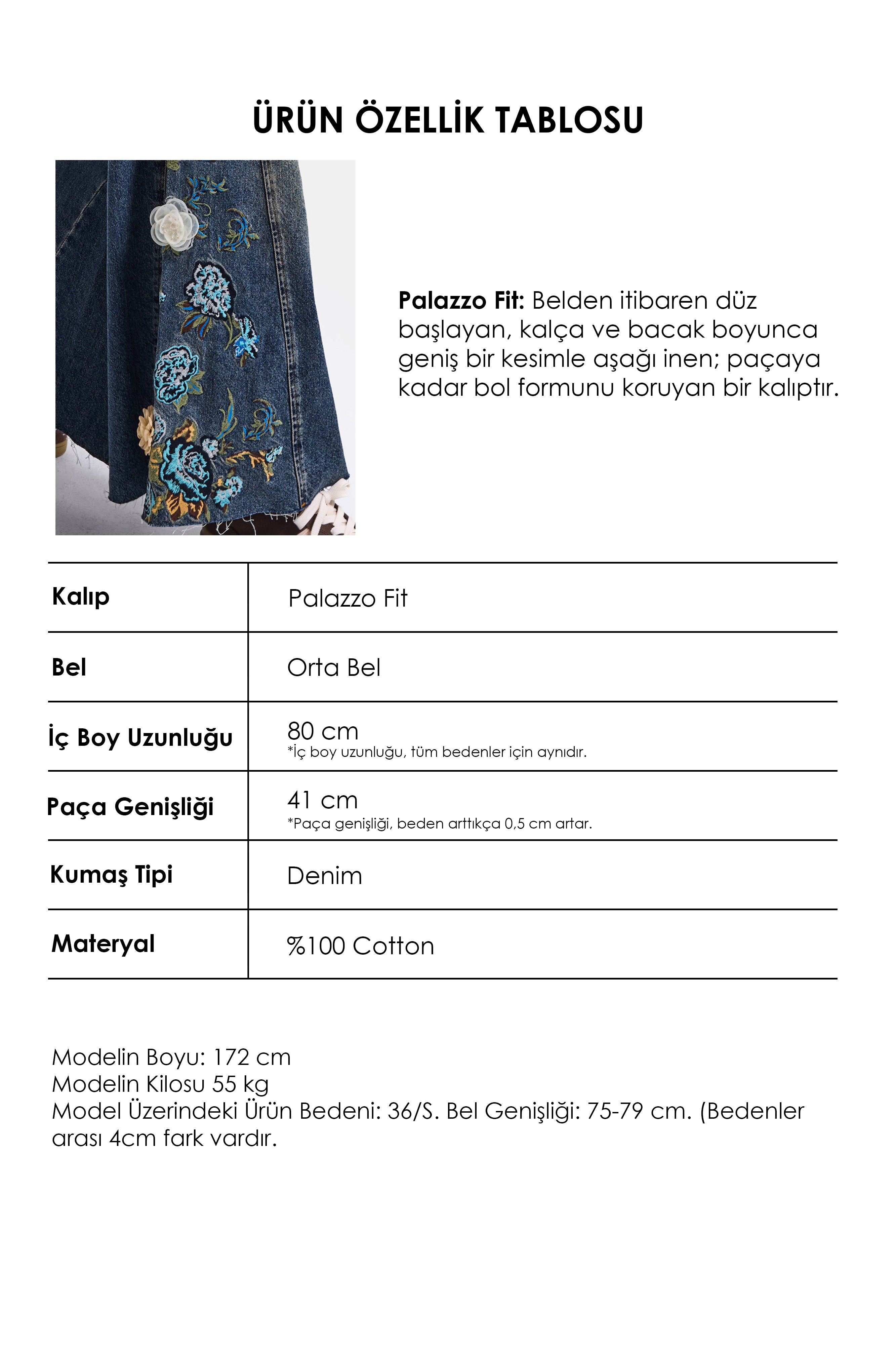 Kadın Koyu Kot 4w6-8 Palazzo Fit Nakış ve 3D Gül Detaylı Özel Tasarım Denim Jean