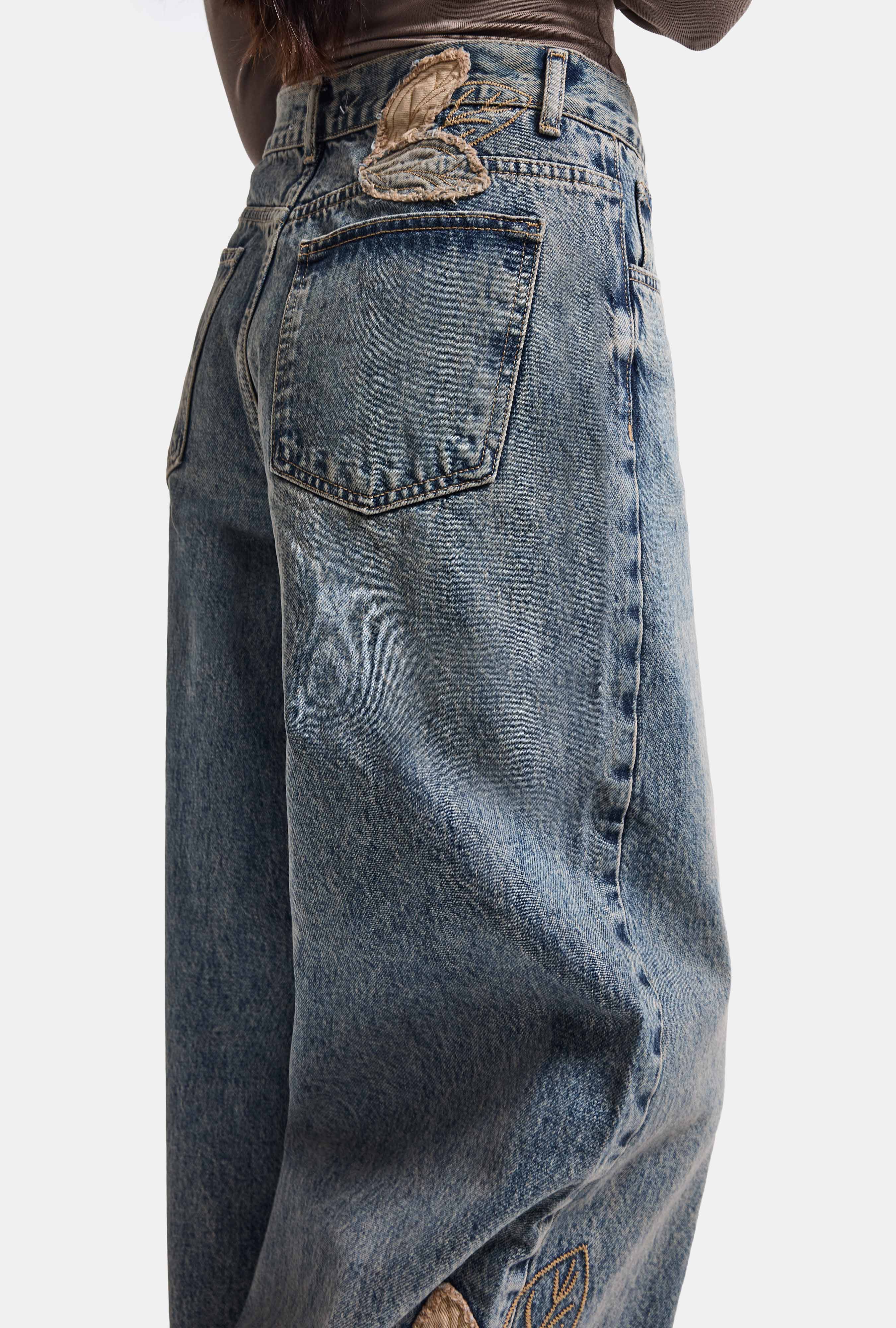 Kadın Koyu Kot 4w6-8 Palazzo Fit Özel Nakış Desenli Tasarım Denim Jean
