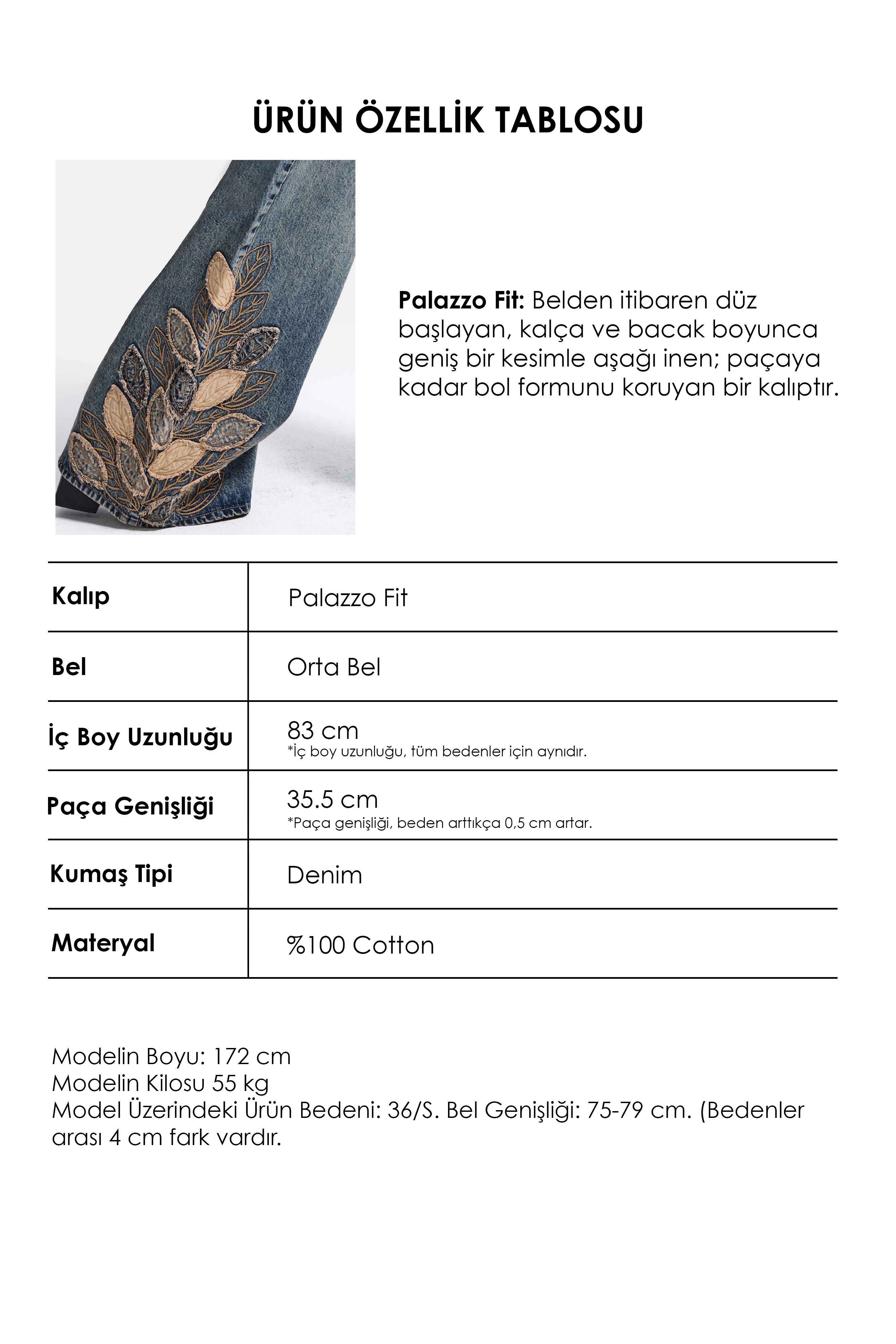 Kadın Koyu Kot 4w6-8 Palazzo Fit Özel Nakış Desenli Tasarım Denim Jean