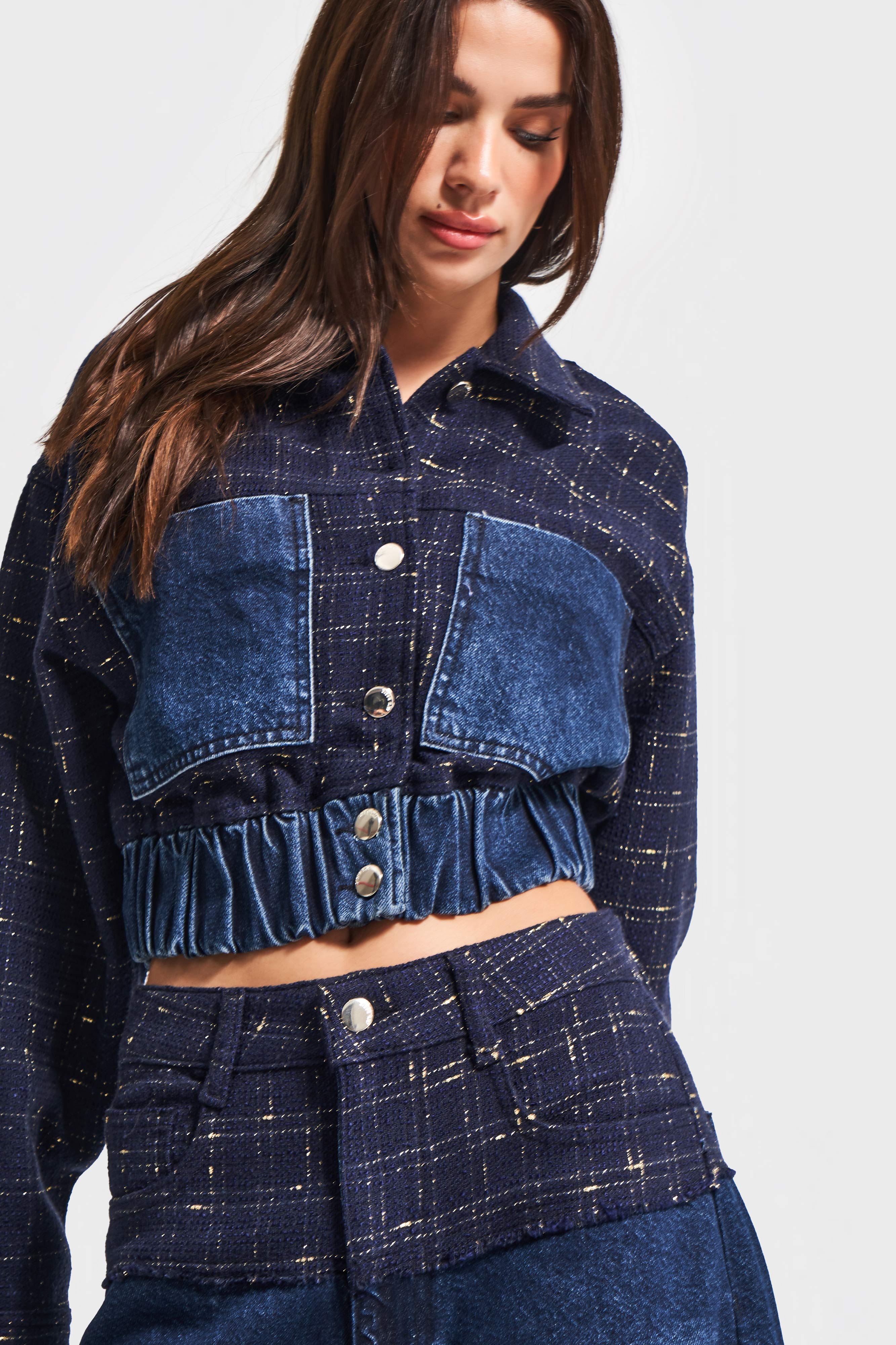 Kadın Koyu Kot Rengi T 2w5-7 Dokuma Denim Kumaş Karışımlı Önü Düğmeli Özel Tasarım Bomber Ceket