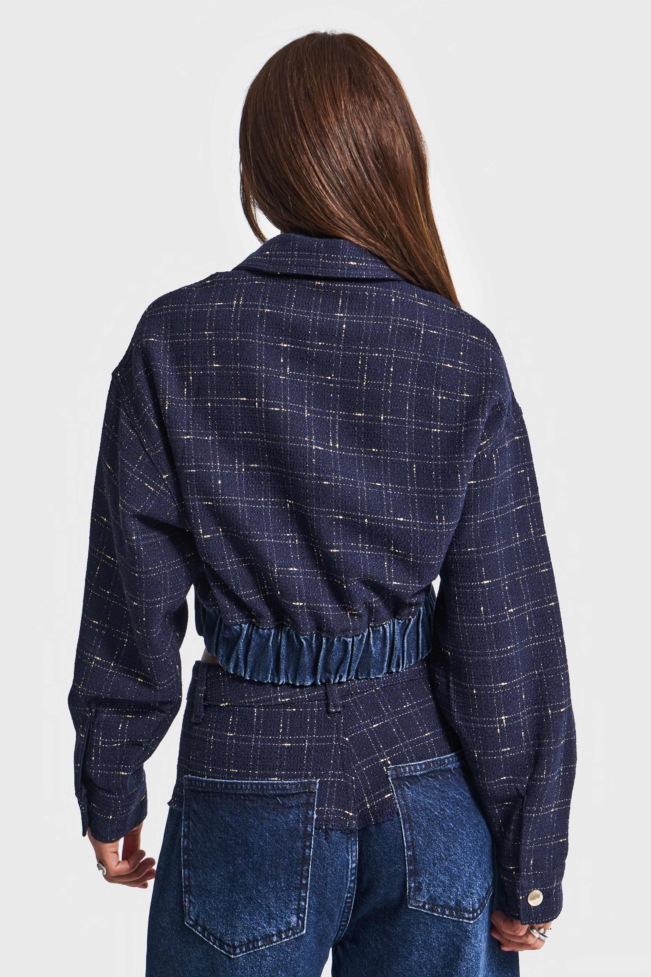 Kadın Koyu Kot Rengi T 2w5-7 Dokuma Denim Kumaş Karışımlı Önü Düğmeli Özel Tasarım Bomber Ceket