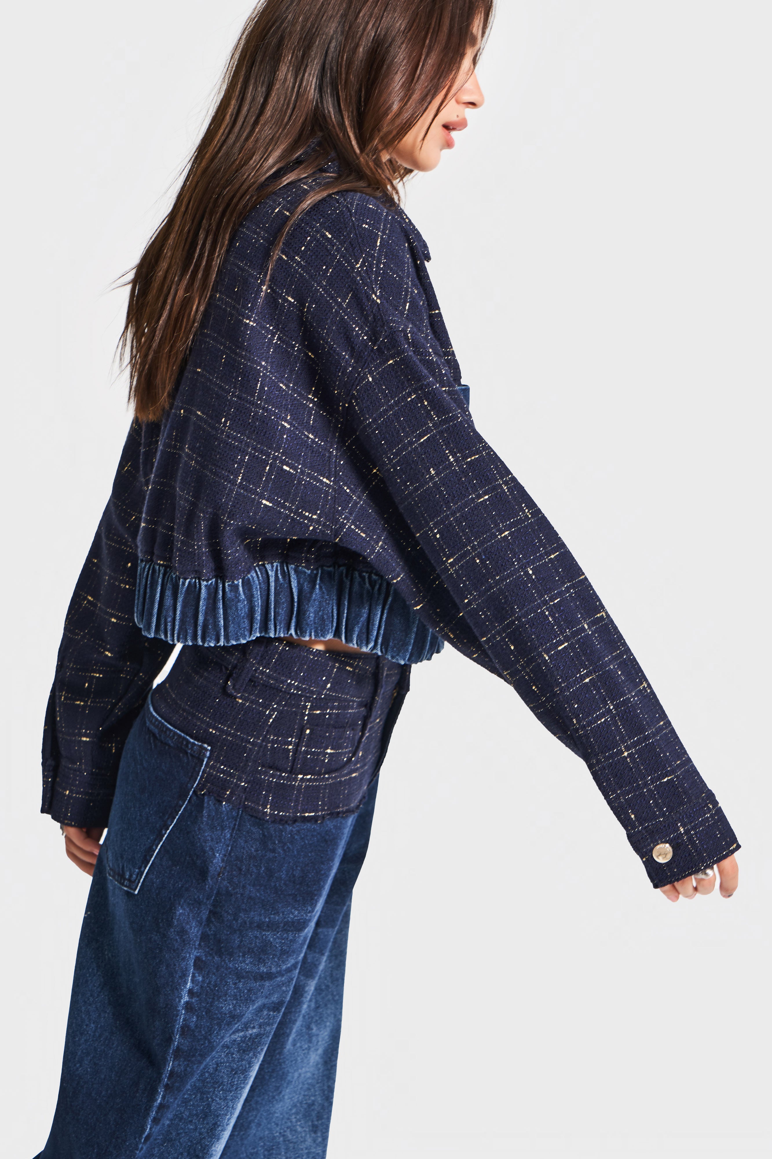 Kadın Koyu Kot Rengi T 2w5-7 Dokuma Denim Kumaş Karışımlı Önü Düğmeli Özel Tasarım Bomber Ceket