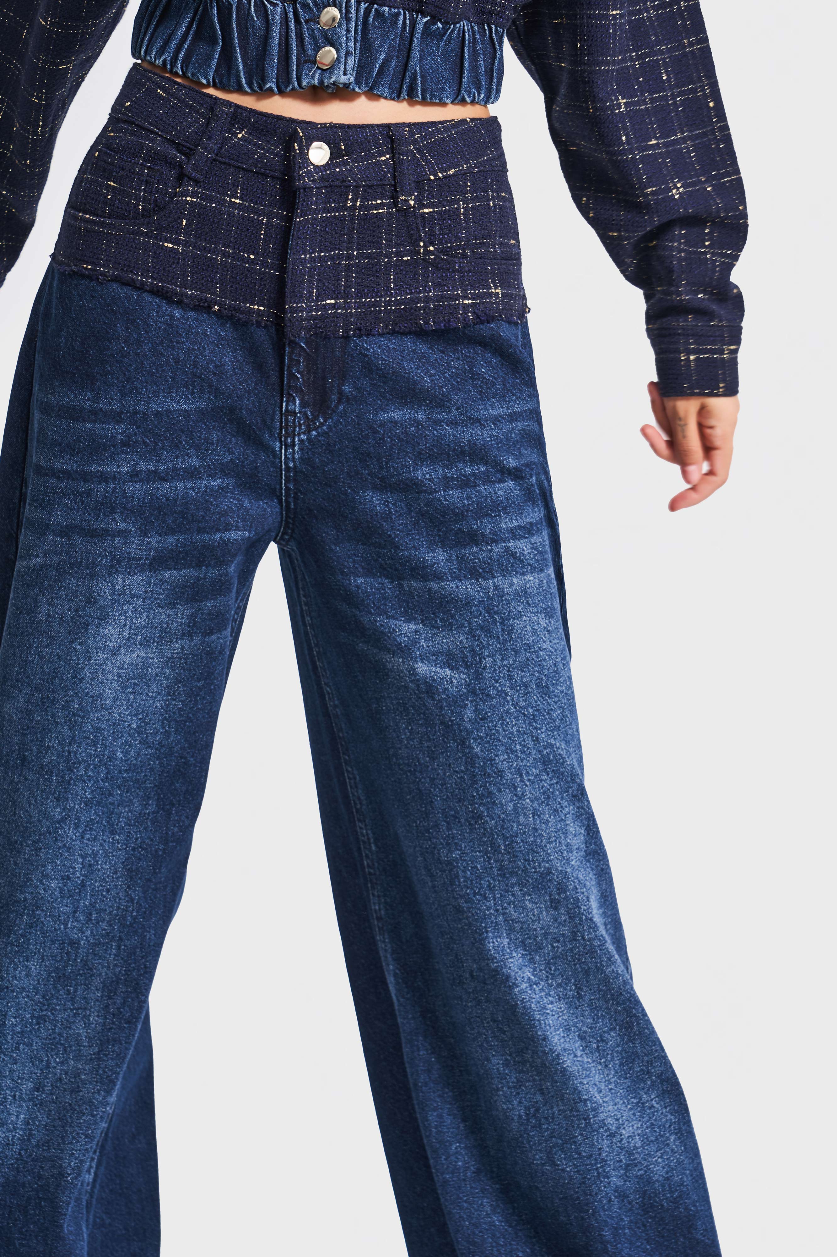 Kadın Koyu Kot Rengi 2w5-7 Palazzo Fit Çift Parça Kumaş Özel Tasarım Denim Jean